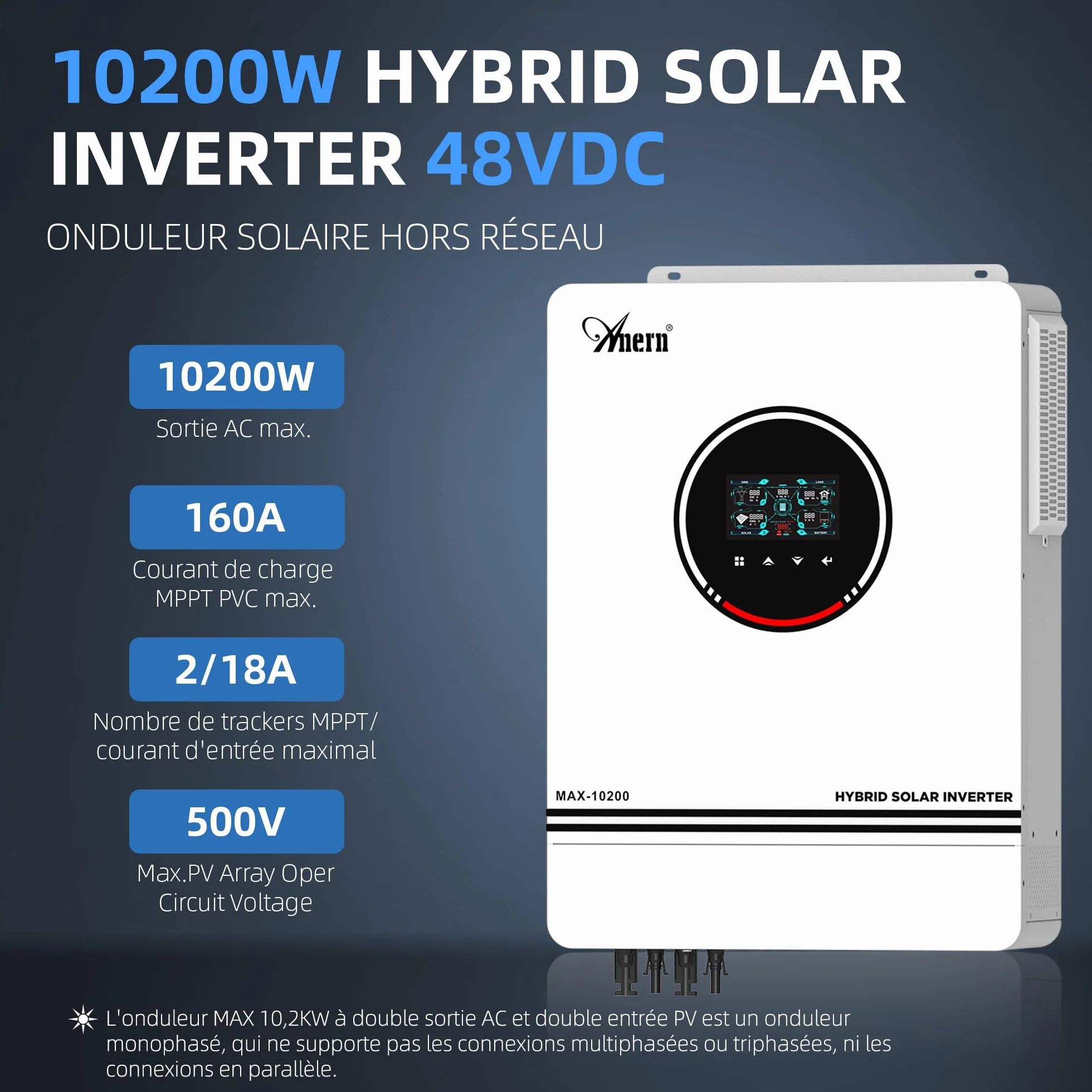 10.2KW Inversor Solar Híbrido DC48V a AC230V Inversor Off-Grid de Onda Senoidal Pura con Cargador Solar MPPT 160A MAX PV 500W DC90-450V Entrada Trabajo con Plomo-ácido y Batería de Litio