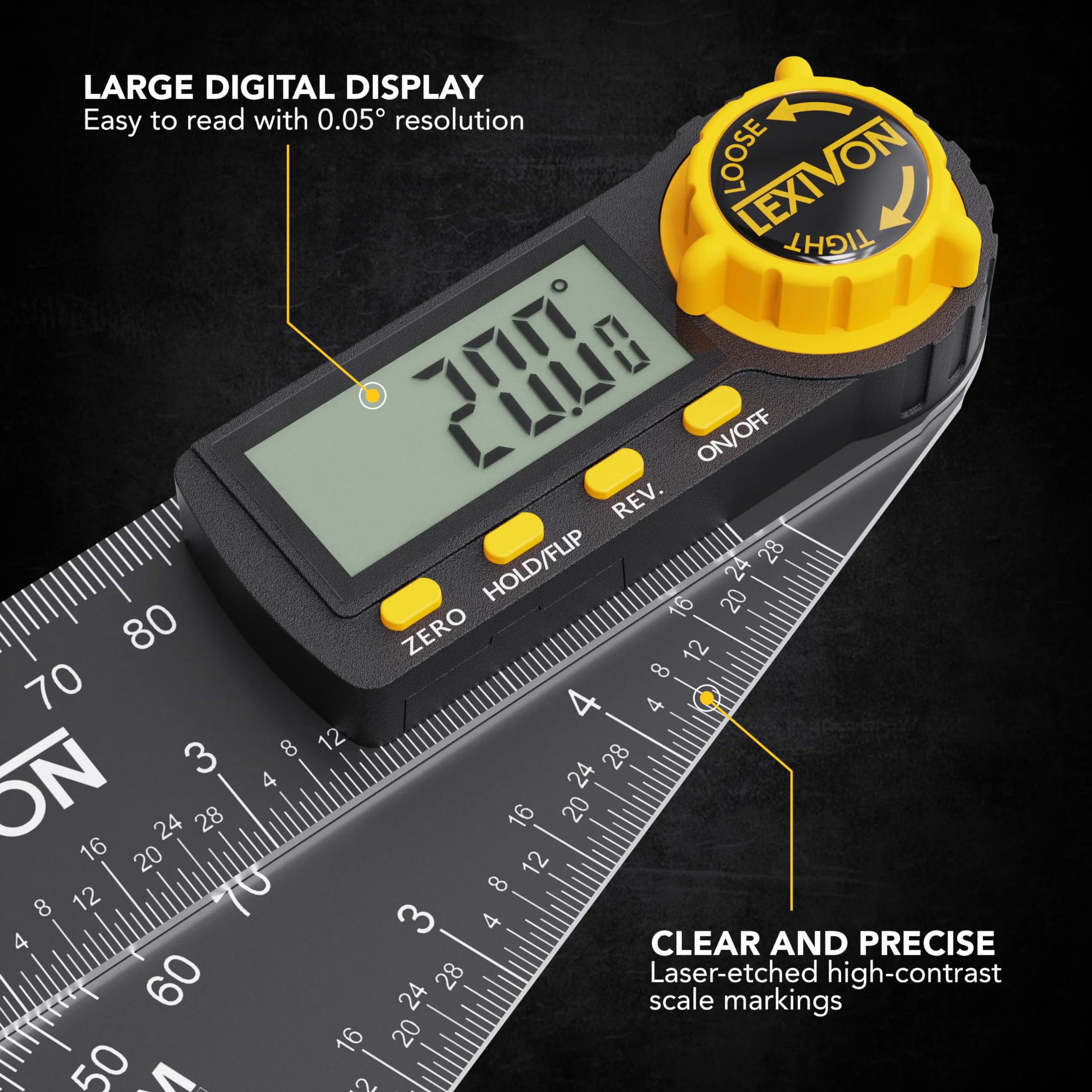LEXIVON Medidor de Angulo Digital de Aluminio 130 mm con Pantalla XL y Bolsa (LX-DAF5)