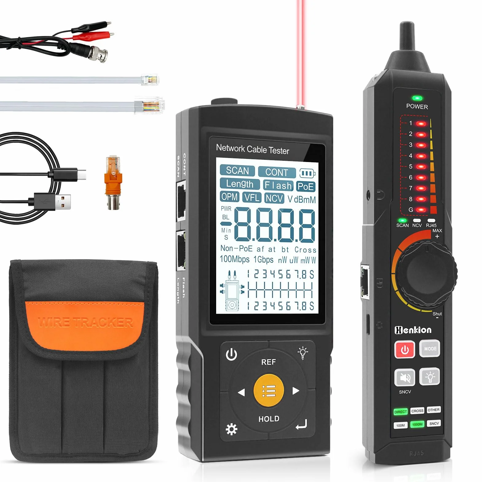 Probador de cabina de red RJ45 multifunción, trazador de cables, probador de cables recargables, prueba de conexión UTP y fallo de enchufe, longitud del cable, VFL, OPM, IEEE 802.3bt/af/at y detección