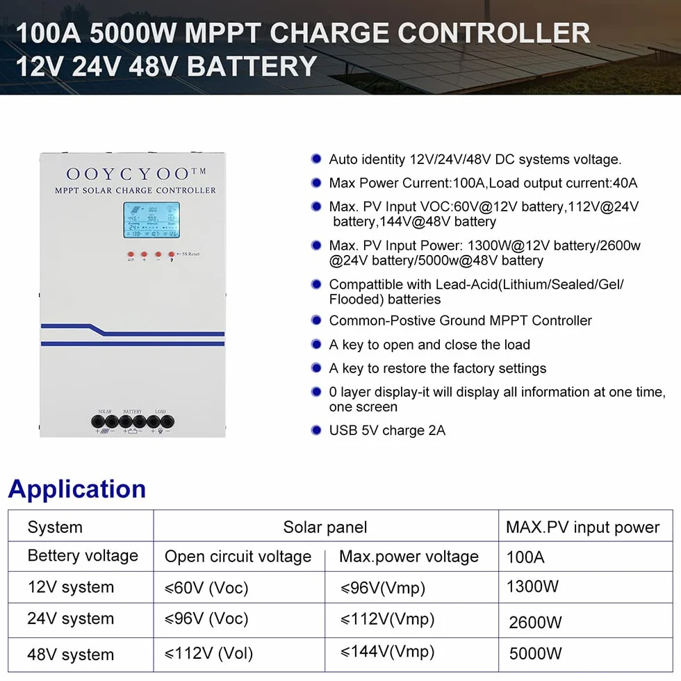 100A Controlador de Carga Solar 48V 36V 24V 12V Auto Detección MPPT Regulador de carga solar Lcd Ajustable Entrada FV máxima 150 V para baterías AGM SEL GEL de plomo y litio