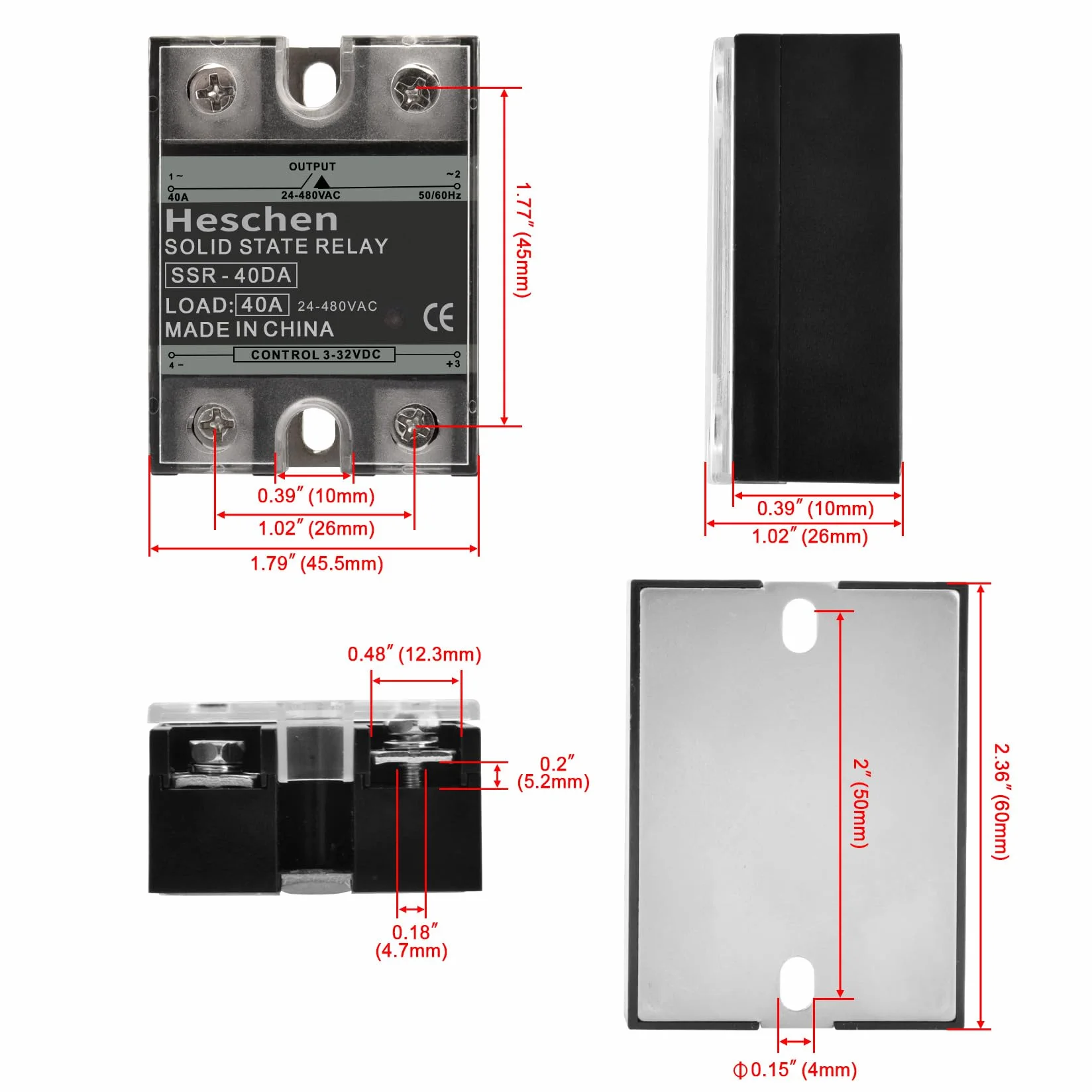 Heschen Relé de estado sólido CC/CA monofásico, SSR-40DA, entrada 4-32VCC, salida 24-480VCA, 40A 50-60Hz (CC/CA 10Pcs)