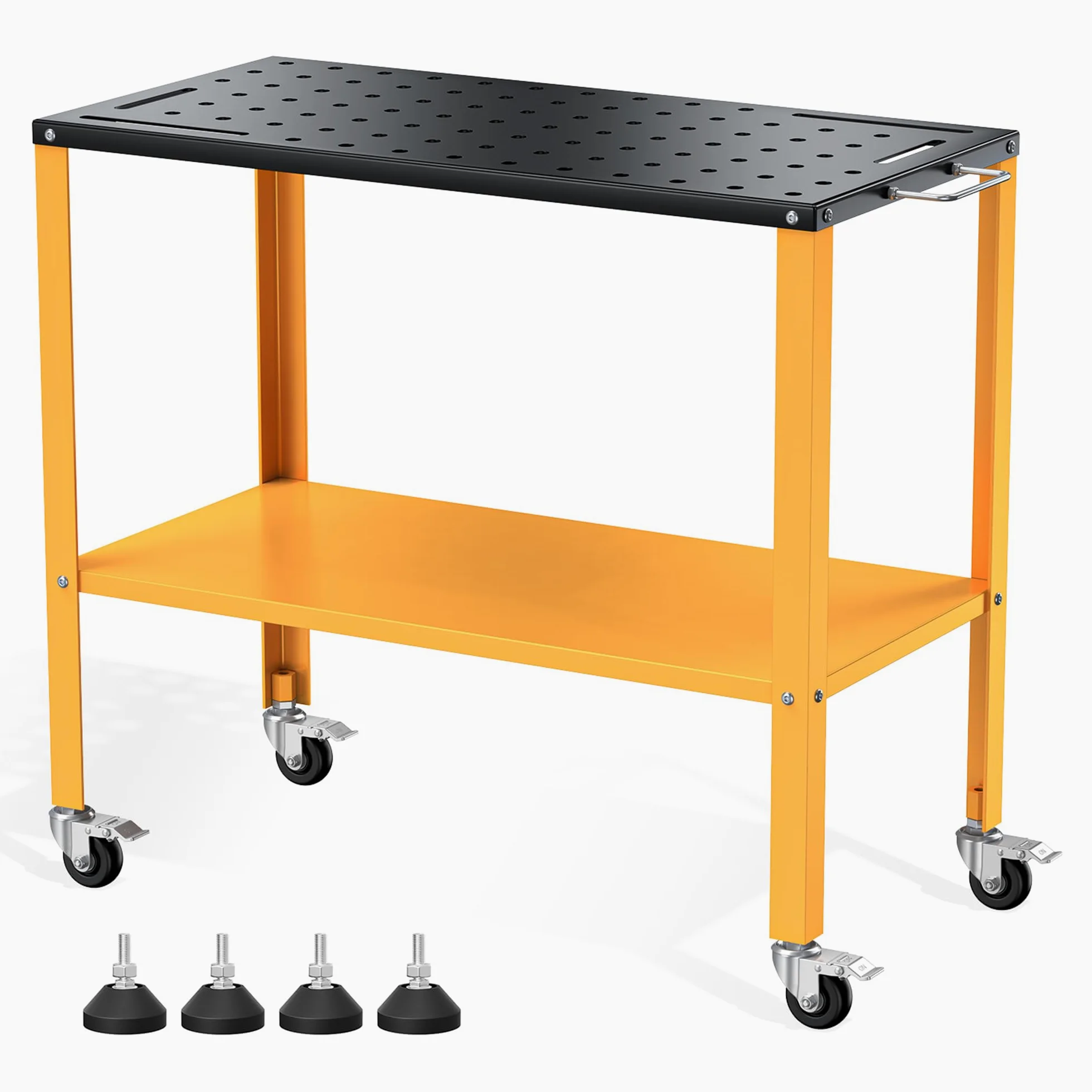 Mesa de soldar móvil con Ruedas de 91 x 46 cm, Carga de 544 kg Banco Trabajo Taller de Metal Portátil con 4 Ruedas de Frenado Bloqueables, 4 Ranuras para Herramientas, Bandeja, 1,6 cm Agujeros