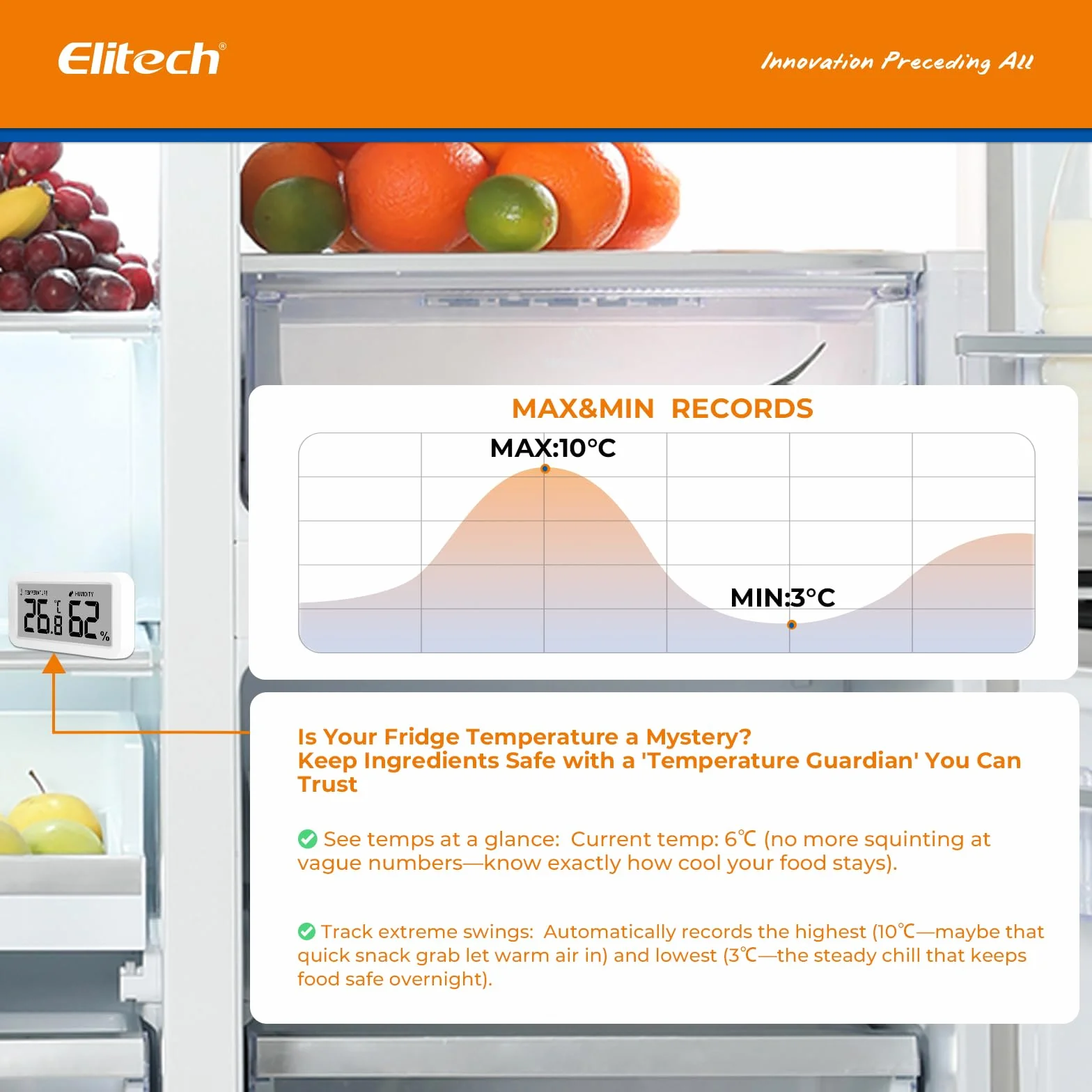 Elitech TM-2 Termómetro para frigorífico control temperatura humedad fijación magnética gancho