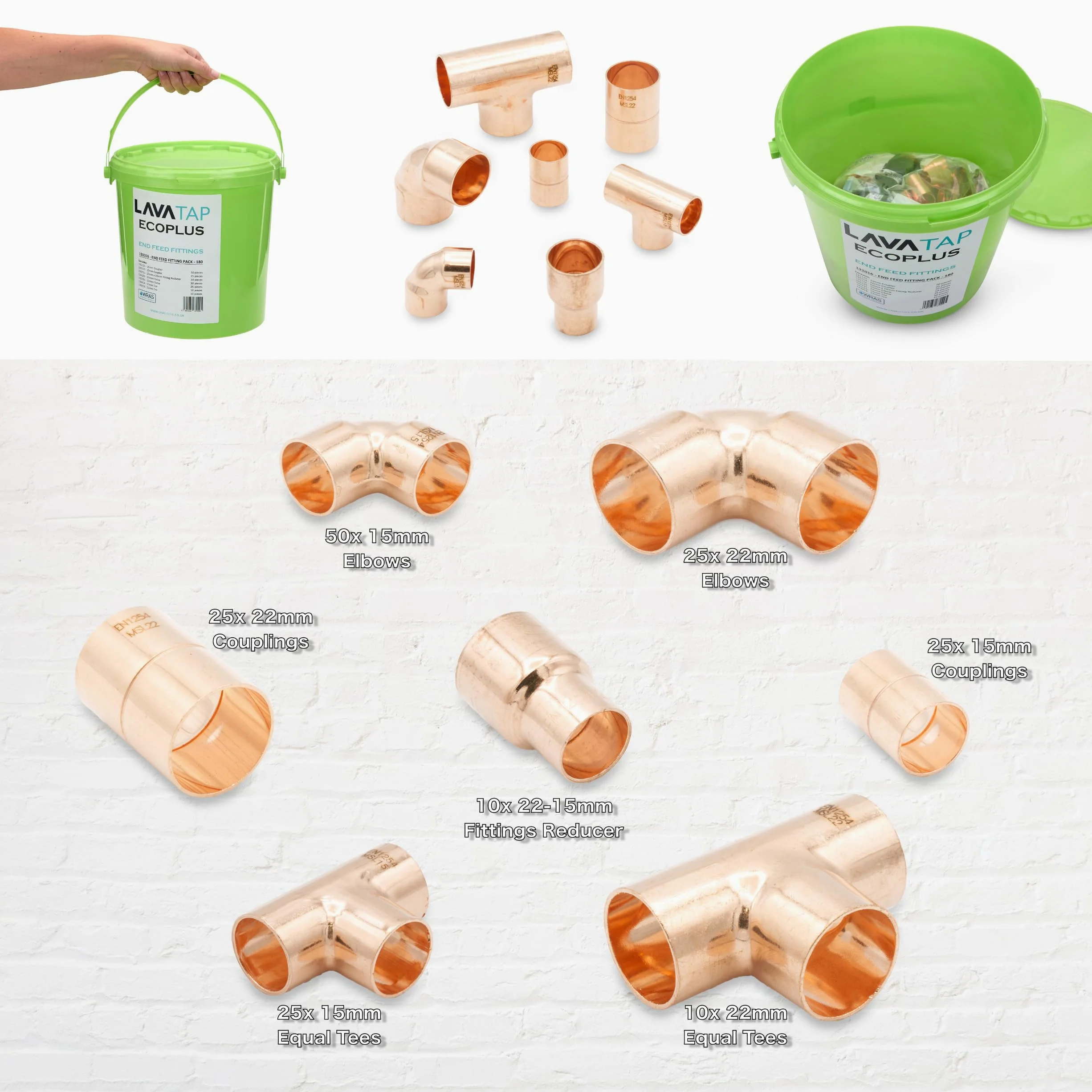 180 piezas de accesorios de tubería de cobre de 15 mm y 22 mm para fontanería, acoplador de alimentación final, codo reductor, cubo de fontaneros
