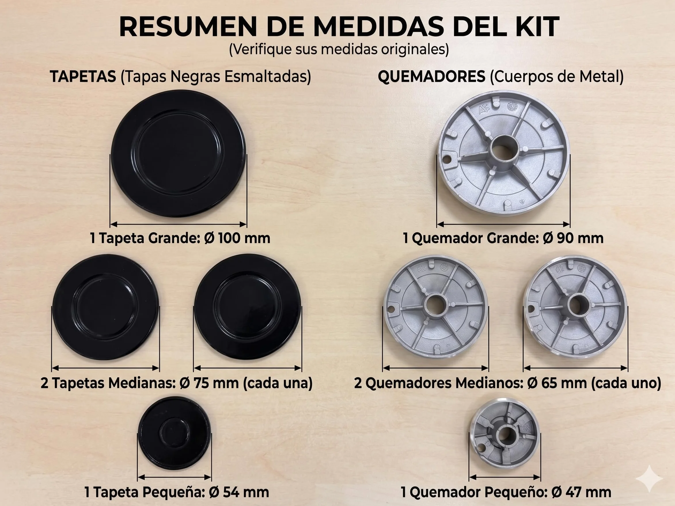 Recamania Conjunto 4 Quemadores Cocina de Gas Compatible con Teka, Balay, Fagor, Bosch, Ariston, Edesa 100 mm 75 mm 54 mm