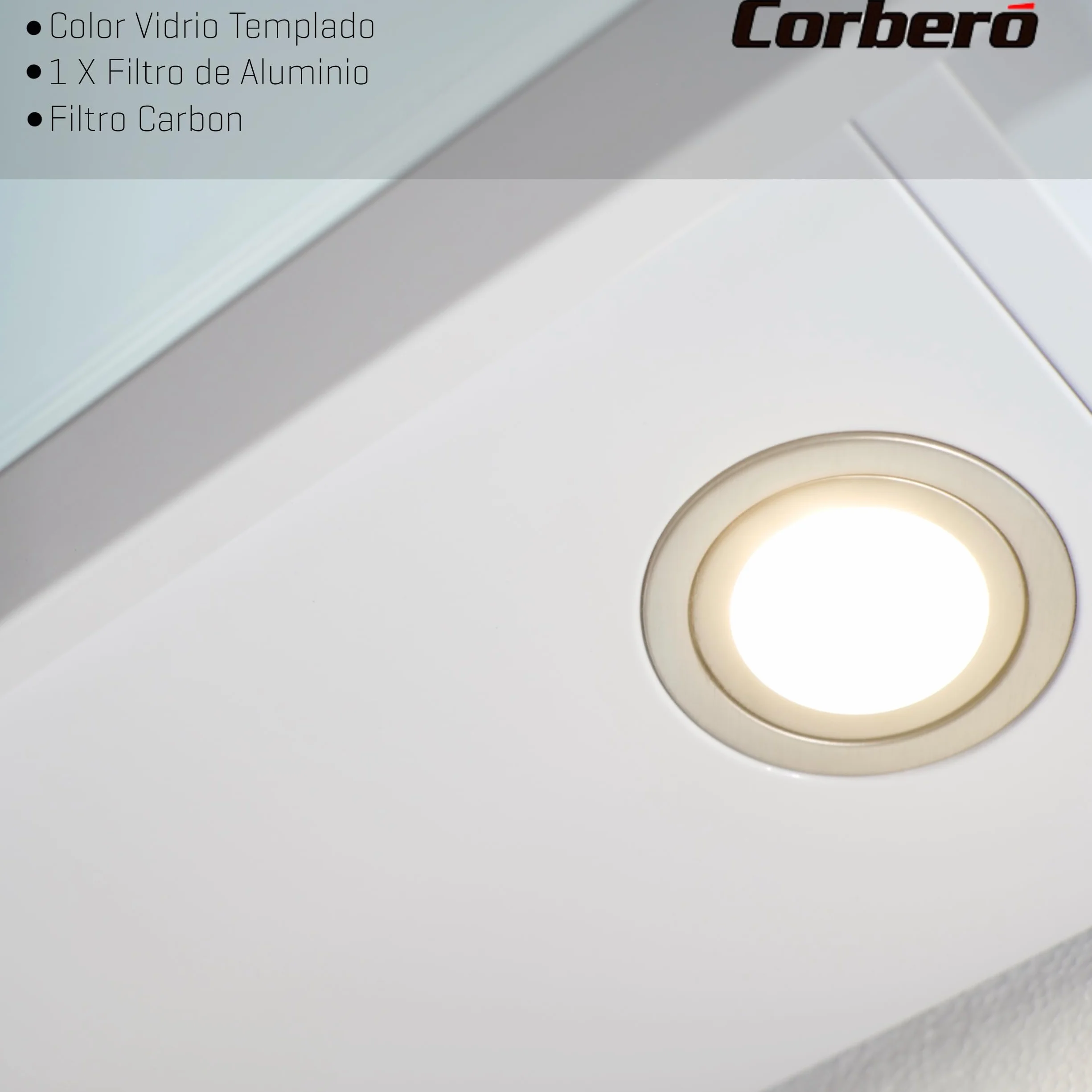 Corberó Campana Extractora 90 cm VICTORIA960W 594,2 m3/h 67db 165W 3 Velocidades Control Touch Vidrio Templado Filtro Aluminio Carbón Cristal Blanco