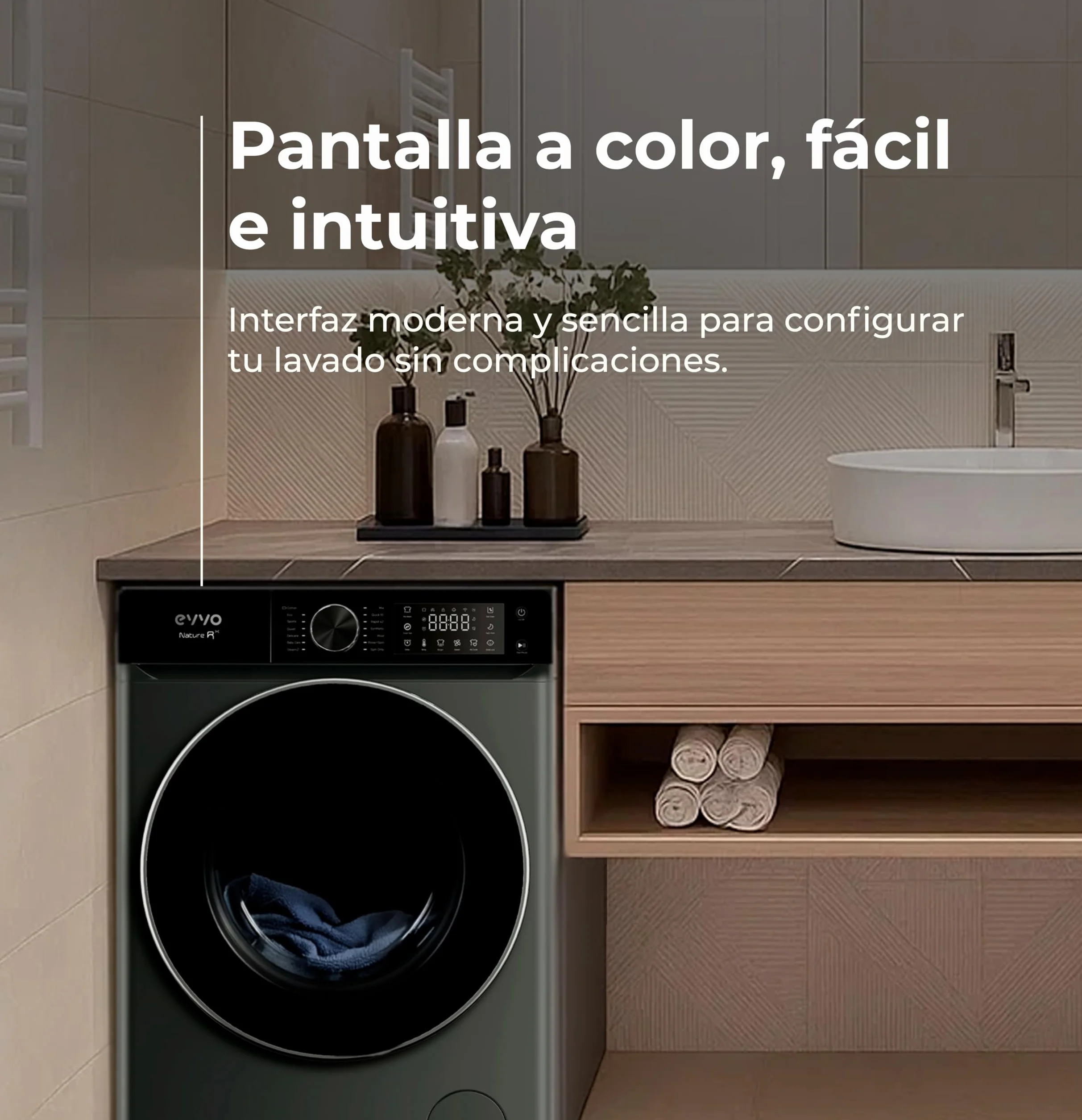 EVVO Lavadora NATURE R 10 Kg 1400 RPM Clase A Vapor Higienizante Tambor ePROTECT Diamante Motor Inverter