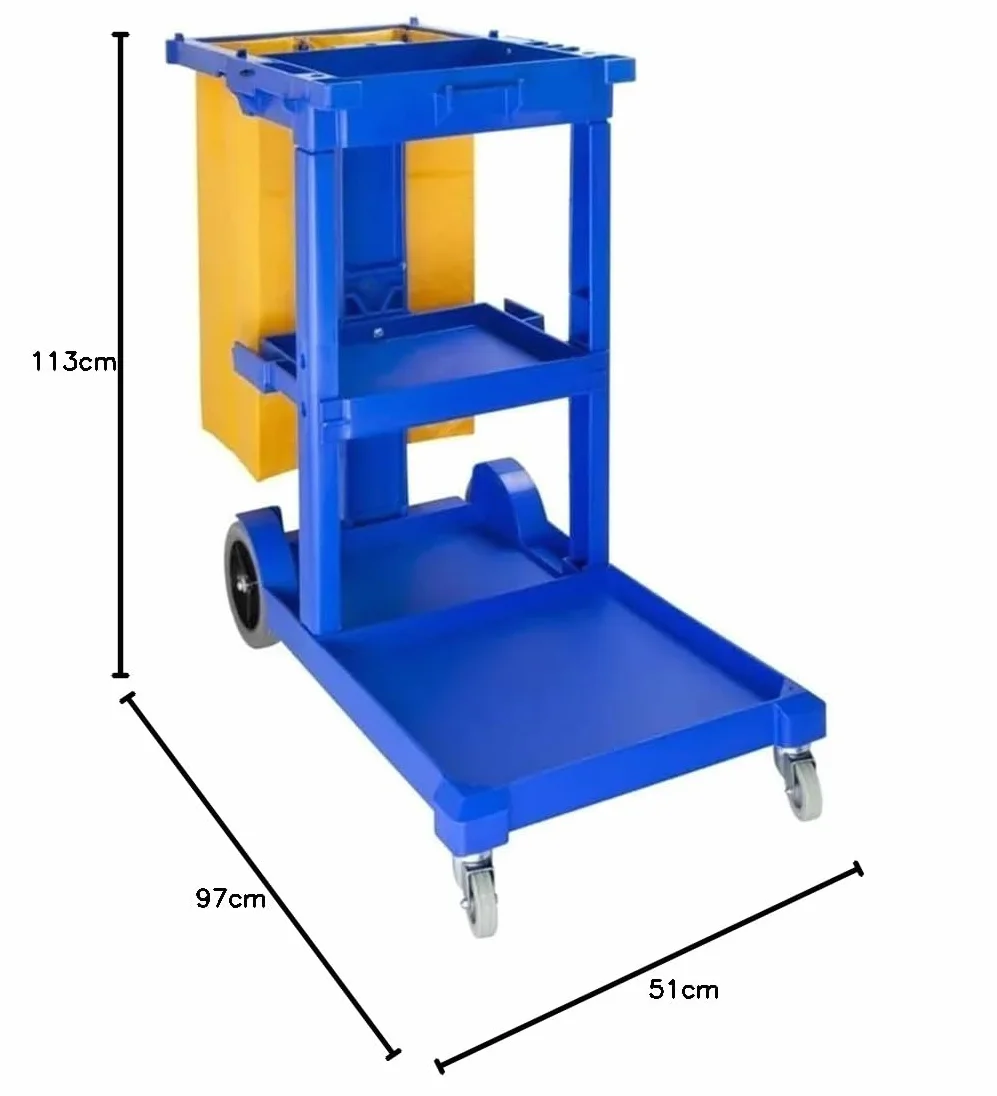 Clim Profesional - Carro de Limpieza Multifuncional Profesional | Equipado con Ruedas y 3 Bandejas | Ideal para Hostelería y Grandes Superficies, Azul y Amarillo, Plástico