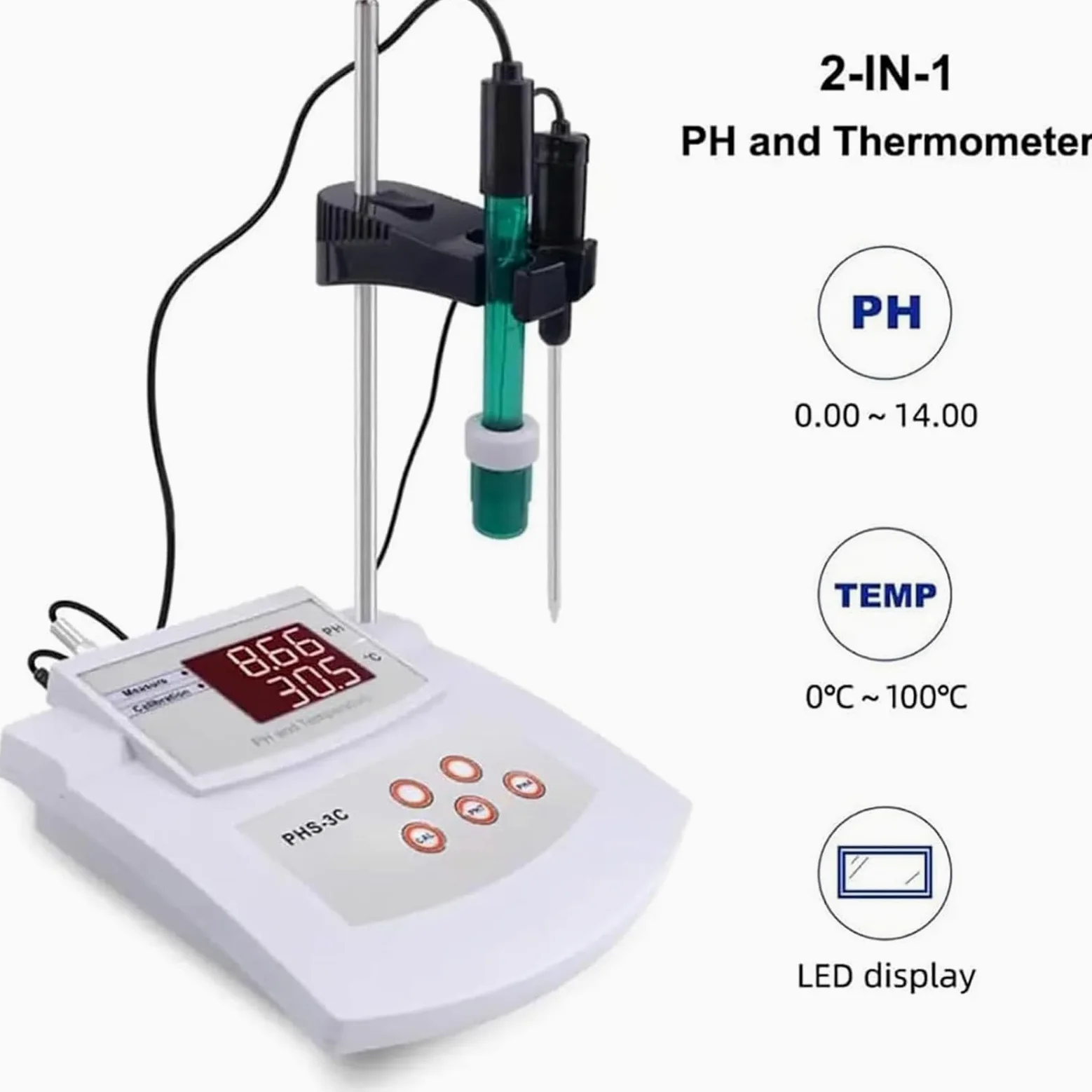 Probador digital de temperatura y pH de escritorio | Calibración automática de 2 puntos y compensación automática de temperatura, precisión de pH de ±0,01 for pruebas ambientales