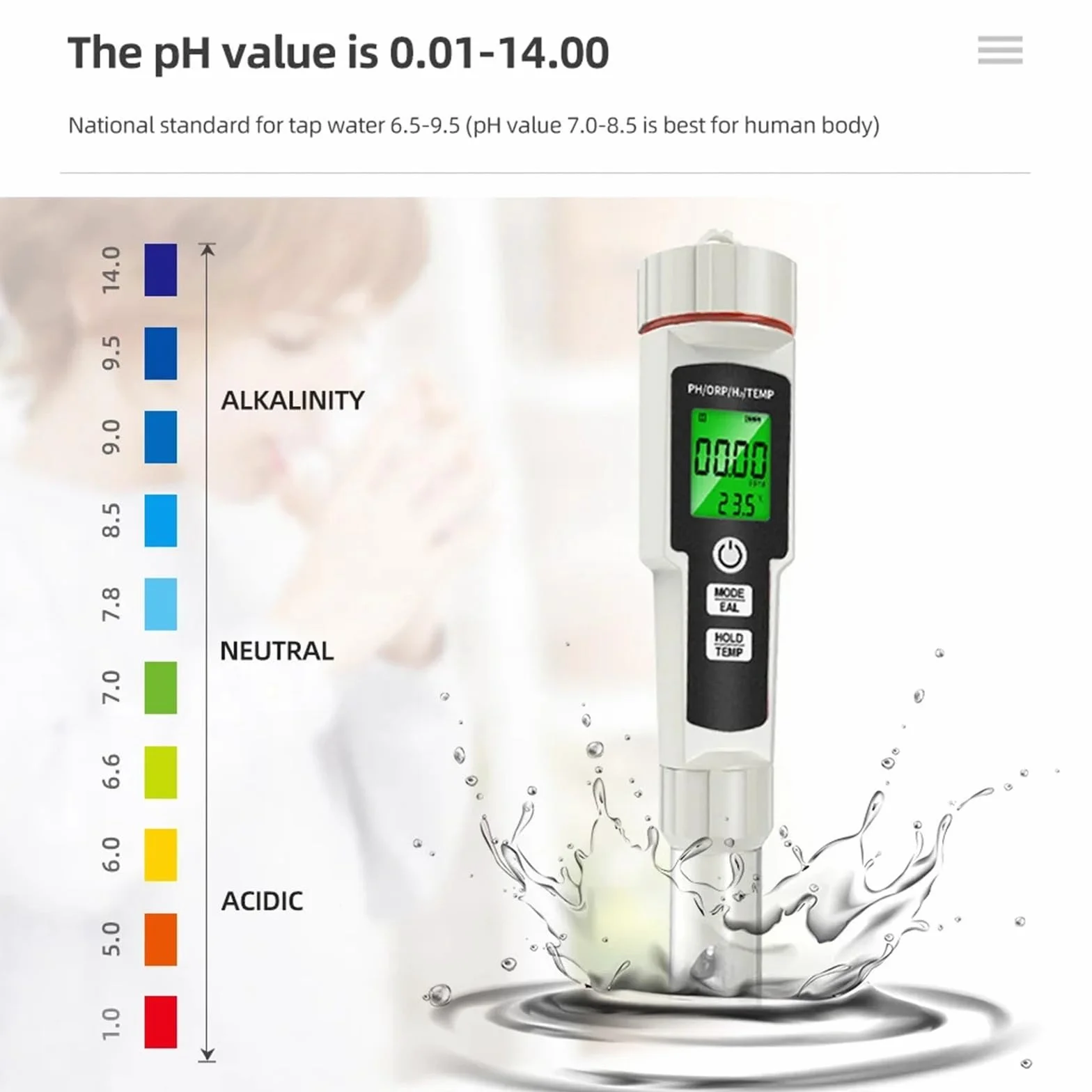 Medidor de PH, Medidor de pH 4 en 1, probador de hidrógeno enriquecido, retroiluminación, ORP, H2, TEMP, bolígrafo de prueba portátil, detector de calidad del agua for piscinas y acuarios.