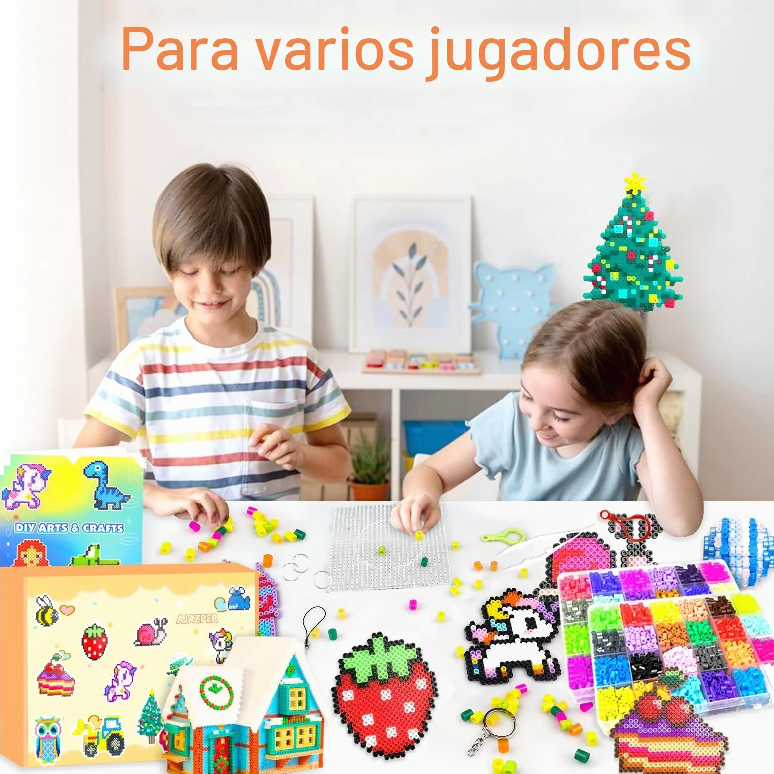 AJAZPER Kit de Cuentas Para Planchar 5MM, 2 Cajas de 48 Colores Fusibles con Caja de Almacenamiento, Guía, Manualidades para Niños 5+