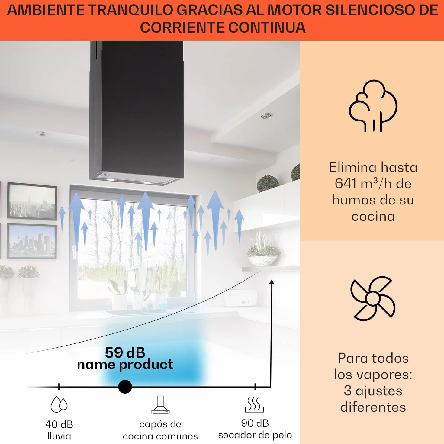 Klarstein Campana Isla Cocina Extractor 641m³/h Temporizador 3 Modos Filtros Carbón Activo