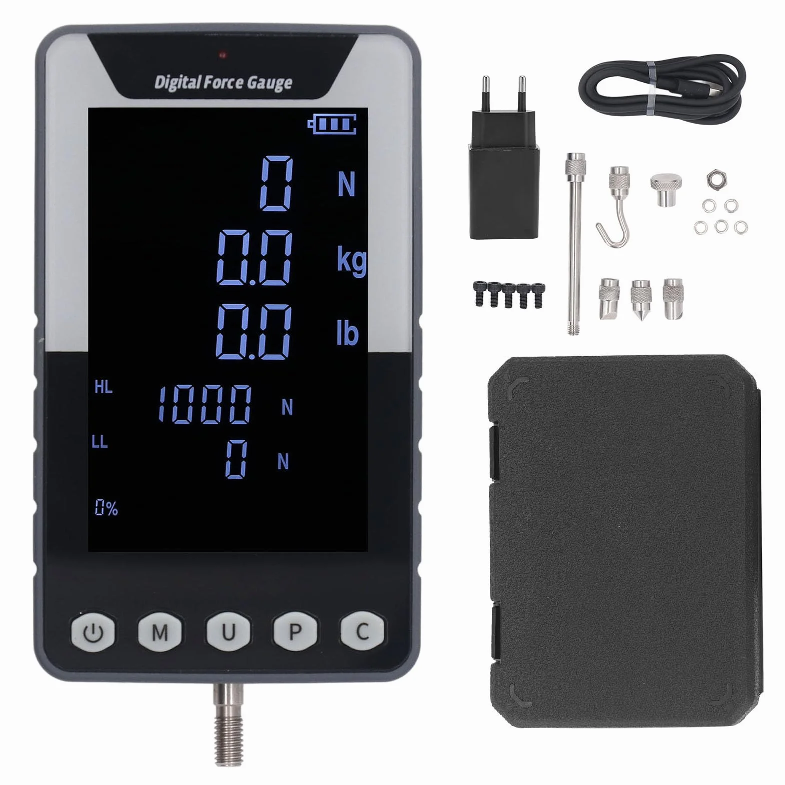Fydun Medidor de Fuerza de Pulsación Digital 1000n 100 Kg 220 Lb Batería de Color de la Pantalla del Dinamómetro Incluye Material ABS (Enchufe de la UE)