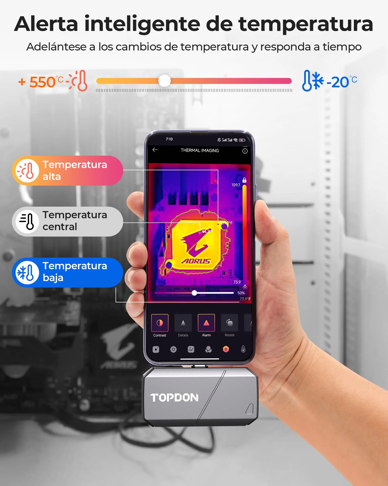 TOPDON TS001 Cámara Térmica Profesional para Android, 9mm Objetivo Ajustable,Rango de Visión de 0,1-500m, 512x384 Resolución TISR, 25Hz, -20°C-550°C, Cámara Termográfica Infrarroja con Enfoque Manual