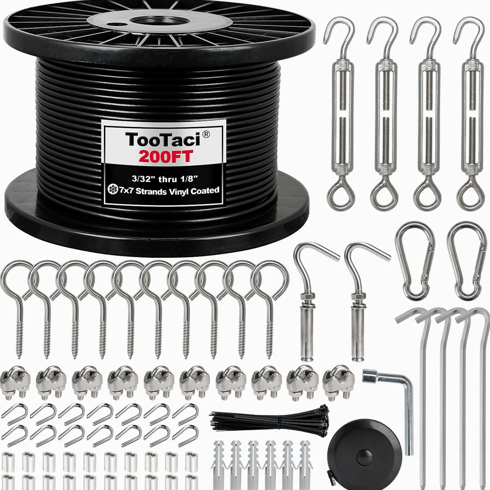TooTaci Kit de Cable de Acero Inoxidable Negro de 3mm y 60M Revestido en Vinilo – Con Tensores M5 para Luces Colgantes, Tendedero, Enrejado de Jardín y Cortinas