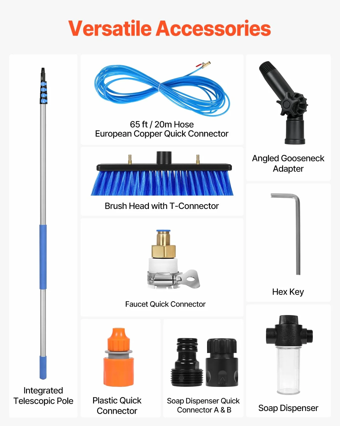 VEVOR Kit de Barra de Alimentación de Agua, Barra de Limpieza de Paneles Solares de 9 m con Mango Extensible, Cabezal de Cepillo Giratorio de 180° y Manguera de 20 m, para el Hogar y Exteriores