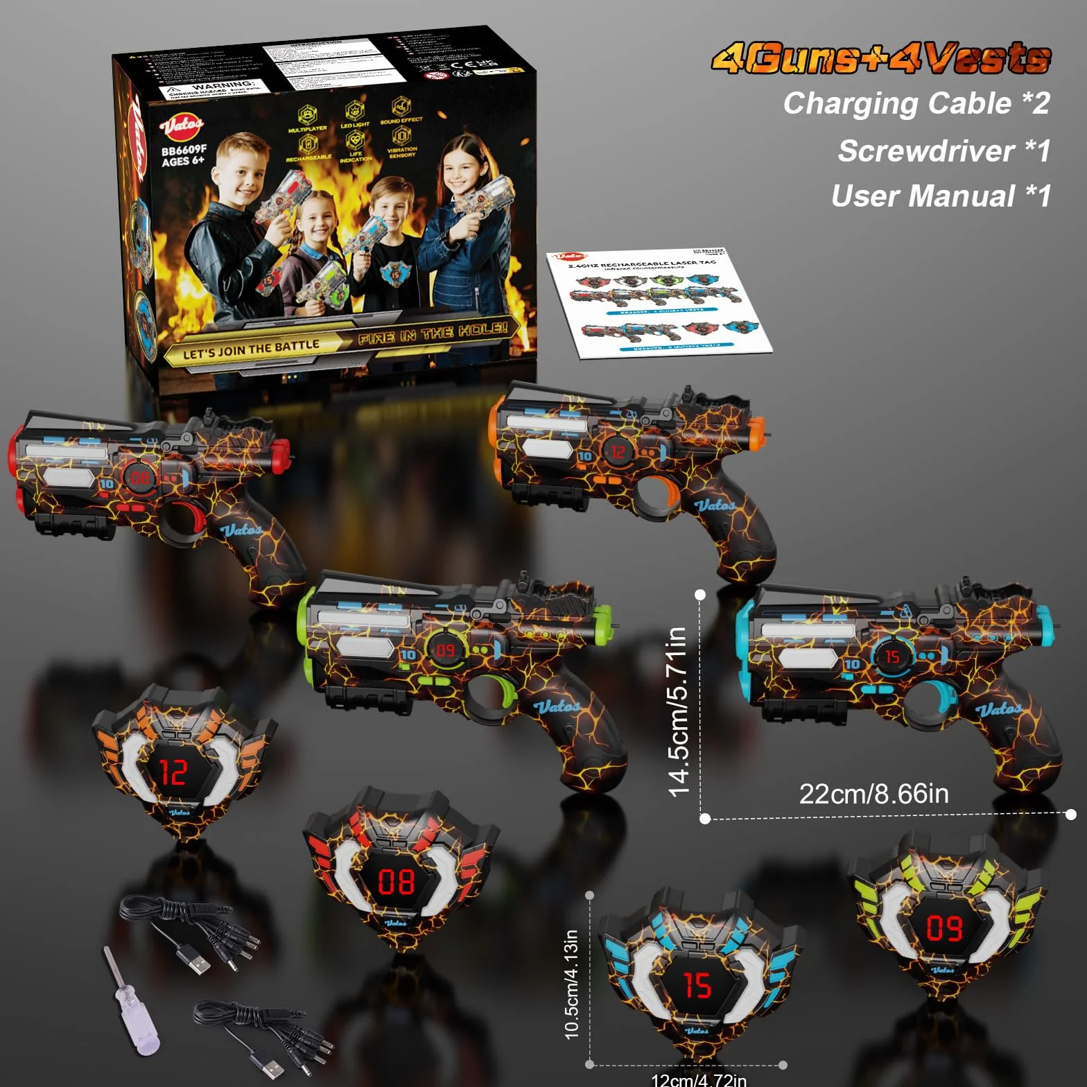 VATOS Recargable Laser Tag Set 4 Jugadores 2.4GHz Pistola Chaleco