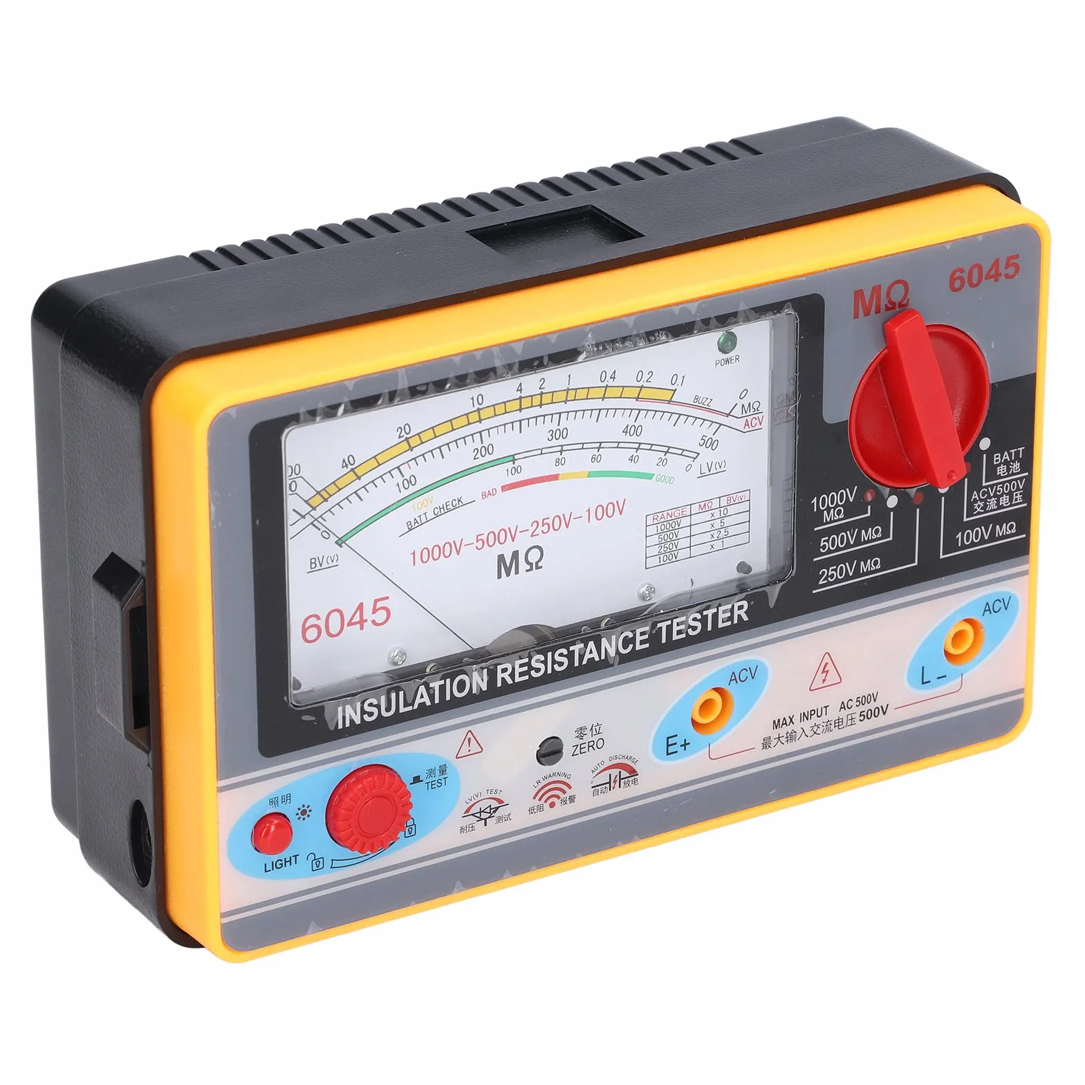 Probador de Resistencia de Aislamiento Analógico, CC 100/250/500/1000 V Y CA 750 V Y Medidor de Megaohmios de Batería, 5-2000 Mohm para Pruebas de Infrarrojos