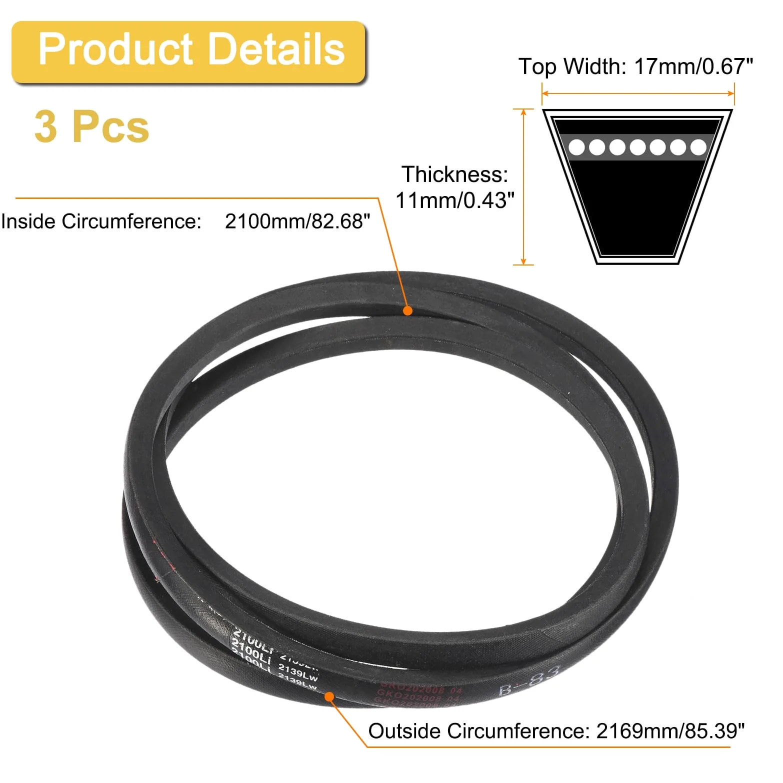 QUARKZMAN 3 Pack B83 Correa Clásica Envuelta En V, 85" Circunferencia Exterior Correa Industrial Envuelta En Goma Perfil B Correa En V Para Maquinaria Industrial, Negro