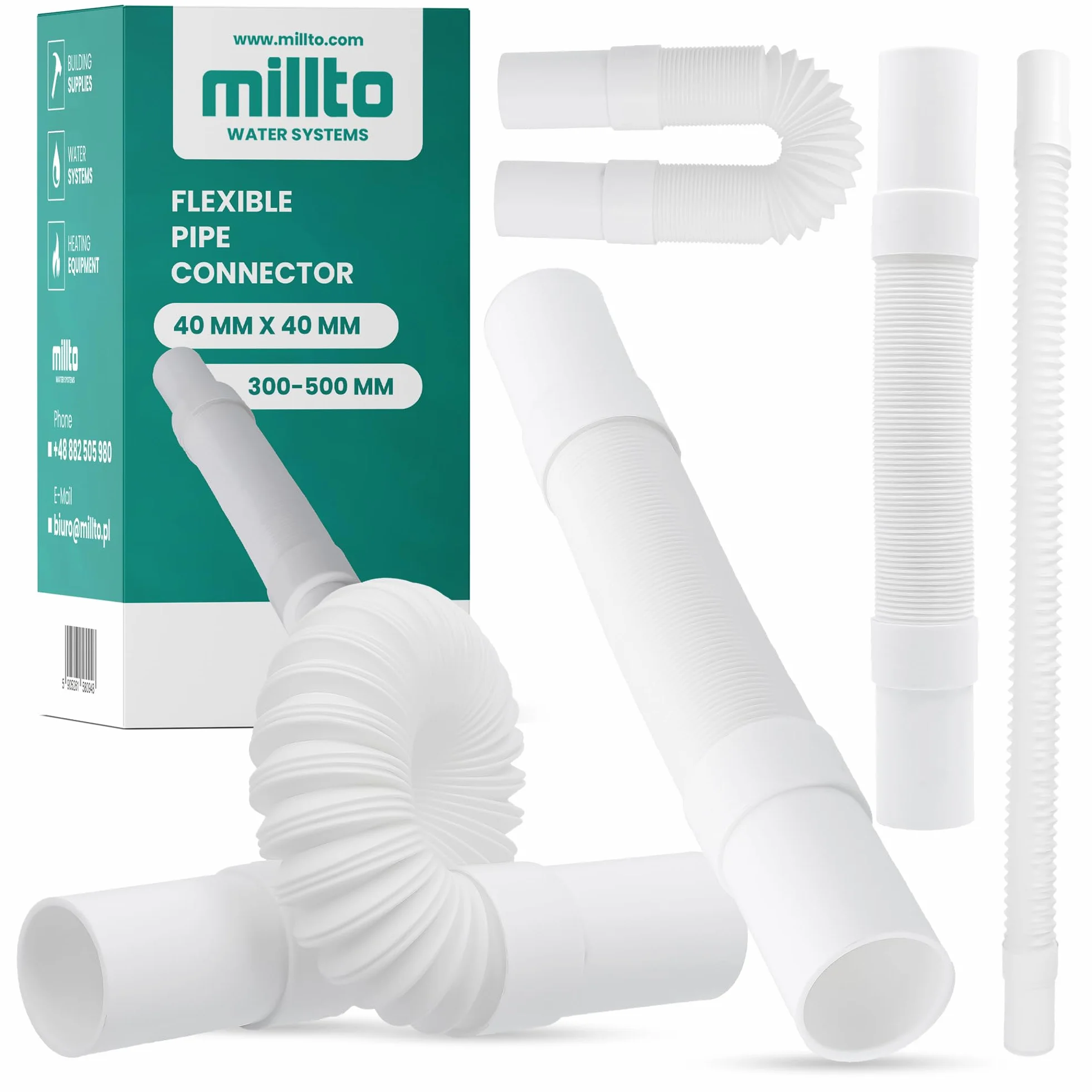 Millto Tubo de drenaje flexible 40 mm blanco polipropileno conector universal ajustable