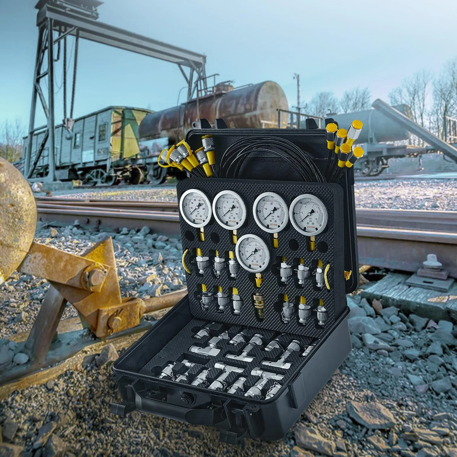VEVOR Kit de prueba de presión hidráulica, 10/100/250/400/600 bar, 5 manómetros, 13 accesorios, 14 conectores en T, 5 mangueras, manómetro con estuche de transporte para excavadoras