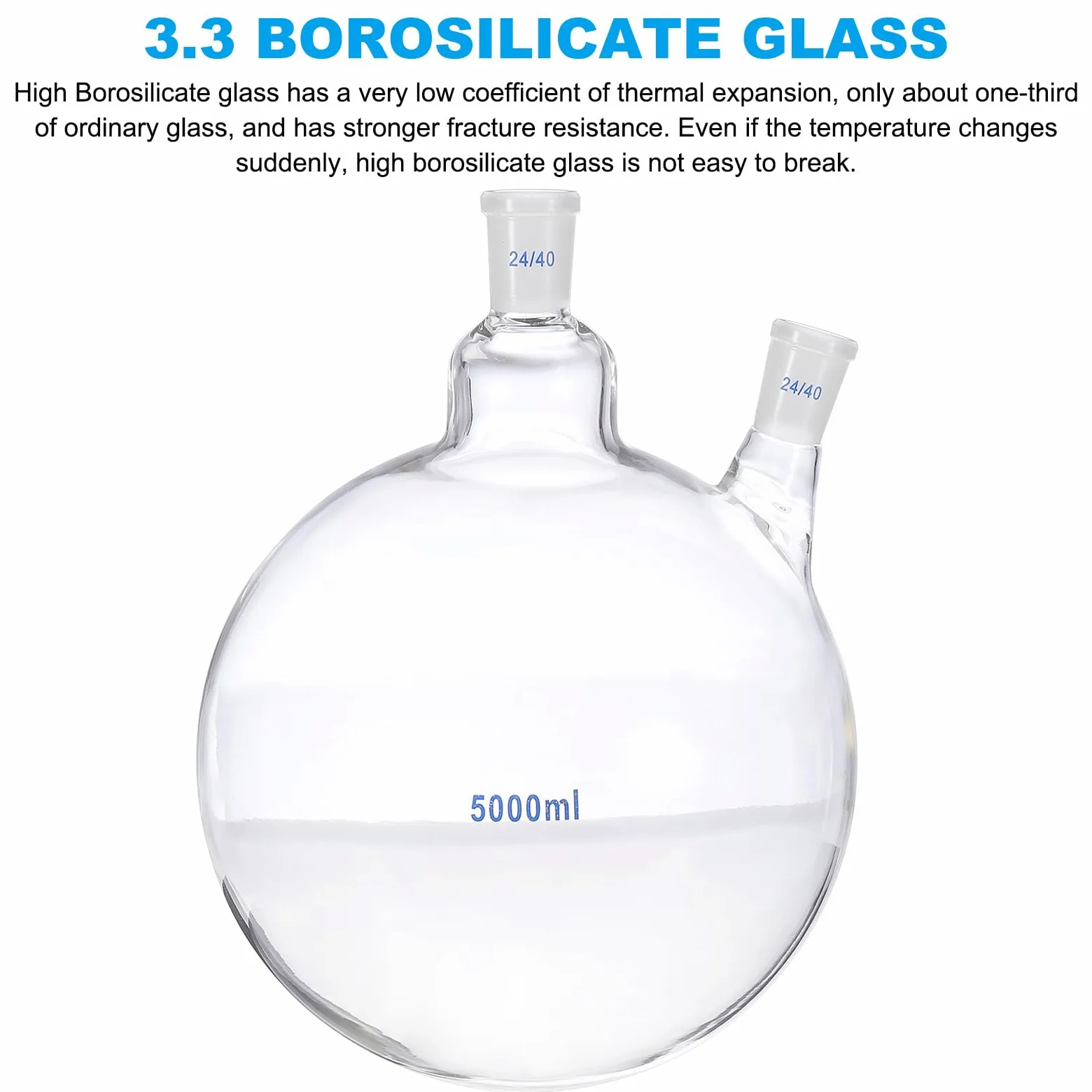 PATIKIL Termo de ebullición de 5000 ml, vidrio de borosilicato 3.3, 2 cuellos de fondo redondo, pared pesada con junta exterior cónica estándar 24/40 para laboratorio, transparente