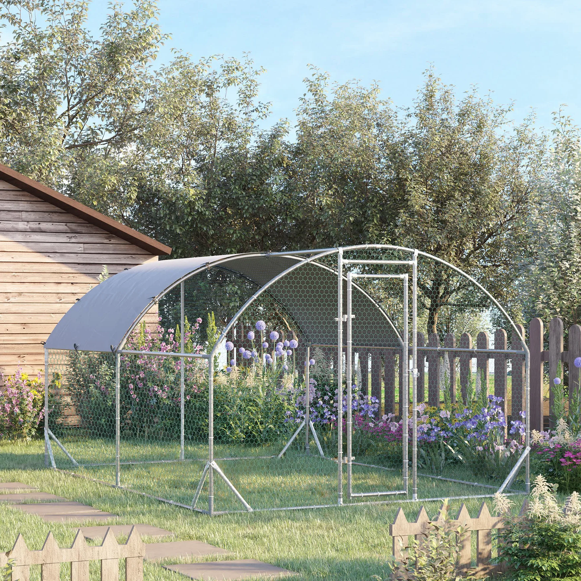 PawHut Gallinero para Exterior Grande 2,8x3,8x1,97 m Jaula para 6-12 Gallinas de Acero Galvanizado con Techo de Tela Oxford Corral y Cerradura para Conejos Aves Plata