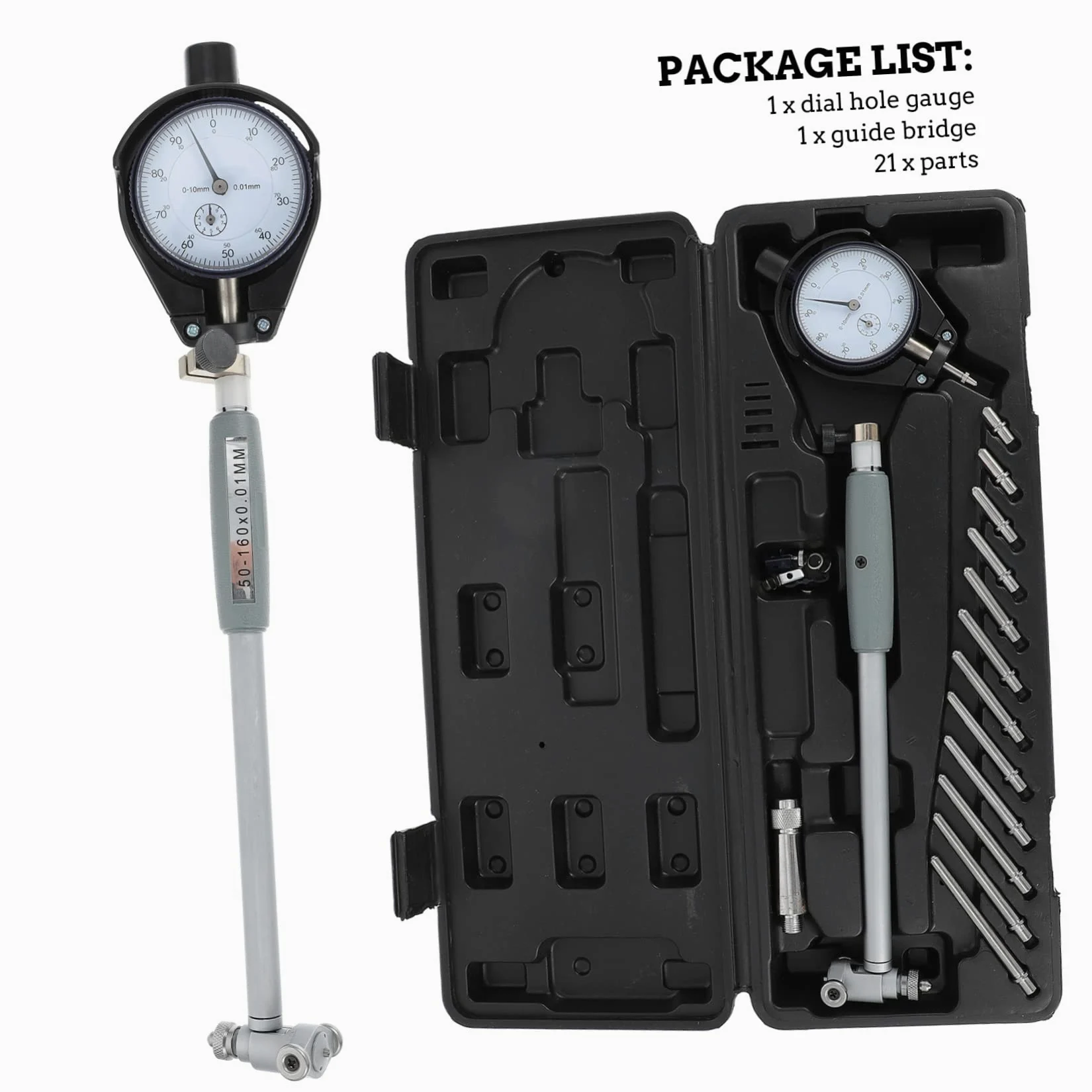 ULTECHNOVO Calibre de Orificios de Medición Manual de Precisión, 50-160mm, 0,01mm, Acero, para Reparación de Vehículos | Acero Negro, 1 Juego, Medición Manual Precisa, Uso en Reparación de Vehículos