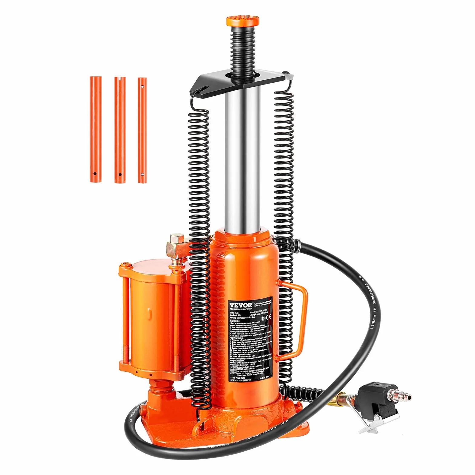 VEVOR Gato Hidráulico Neumático de Botella 12 T 265-505 mm Naranja