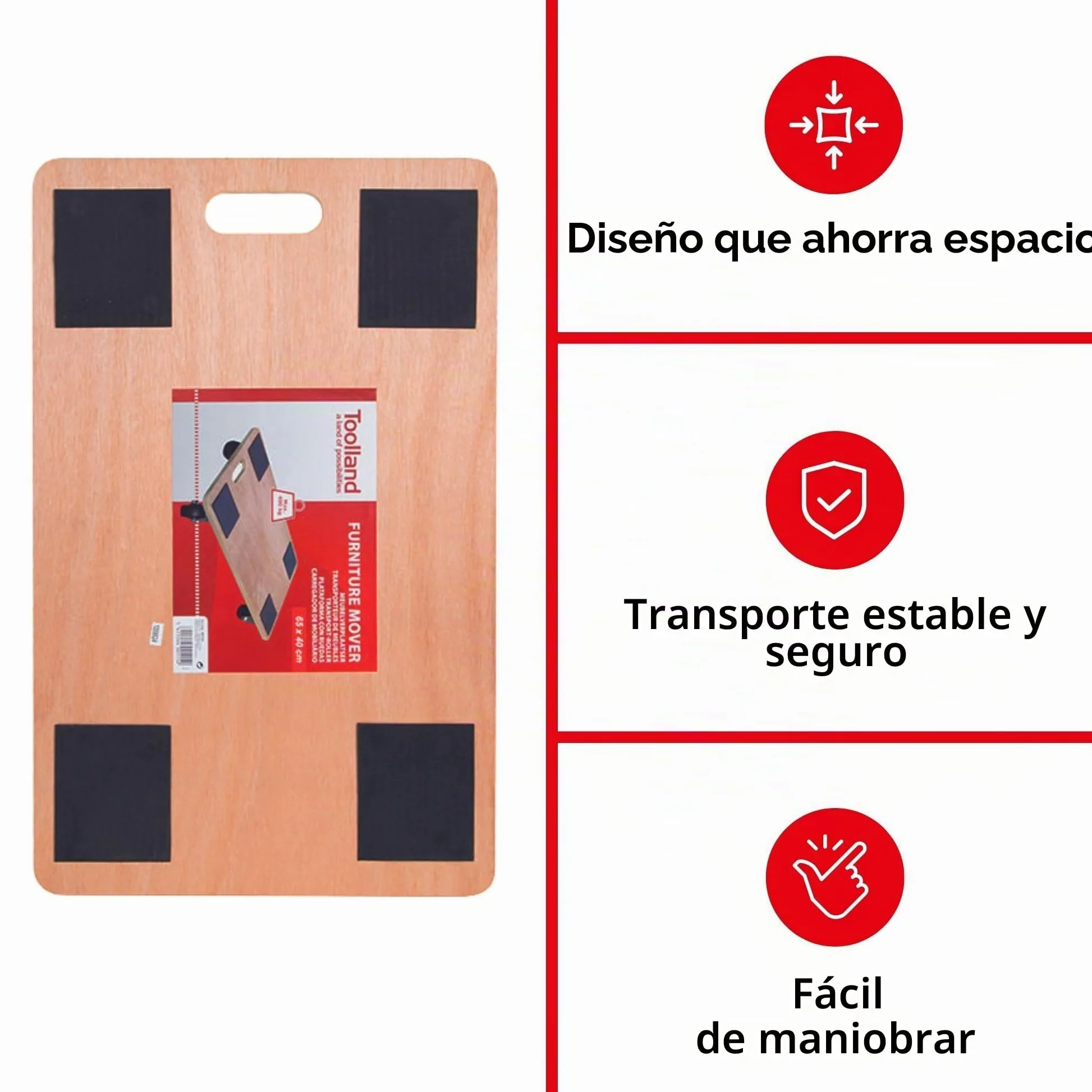 Toolland Plataforma con Ruedas para Muebles, Ayuda de Transporte 400 kg, Base de contrachapado 65 x 40 cm, Revestimiento Antideslizante, asa y 4 Ruedas giratorias de Goma, mudanzas
