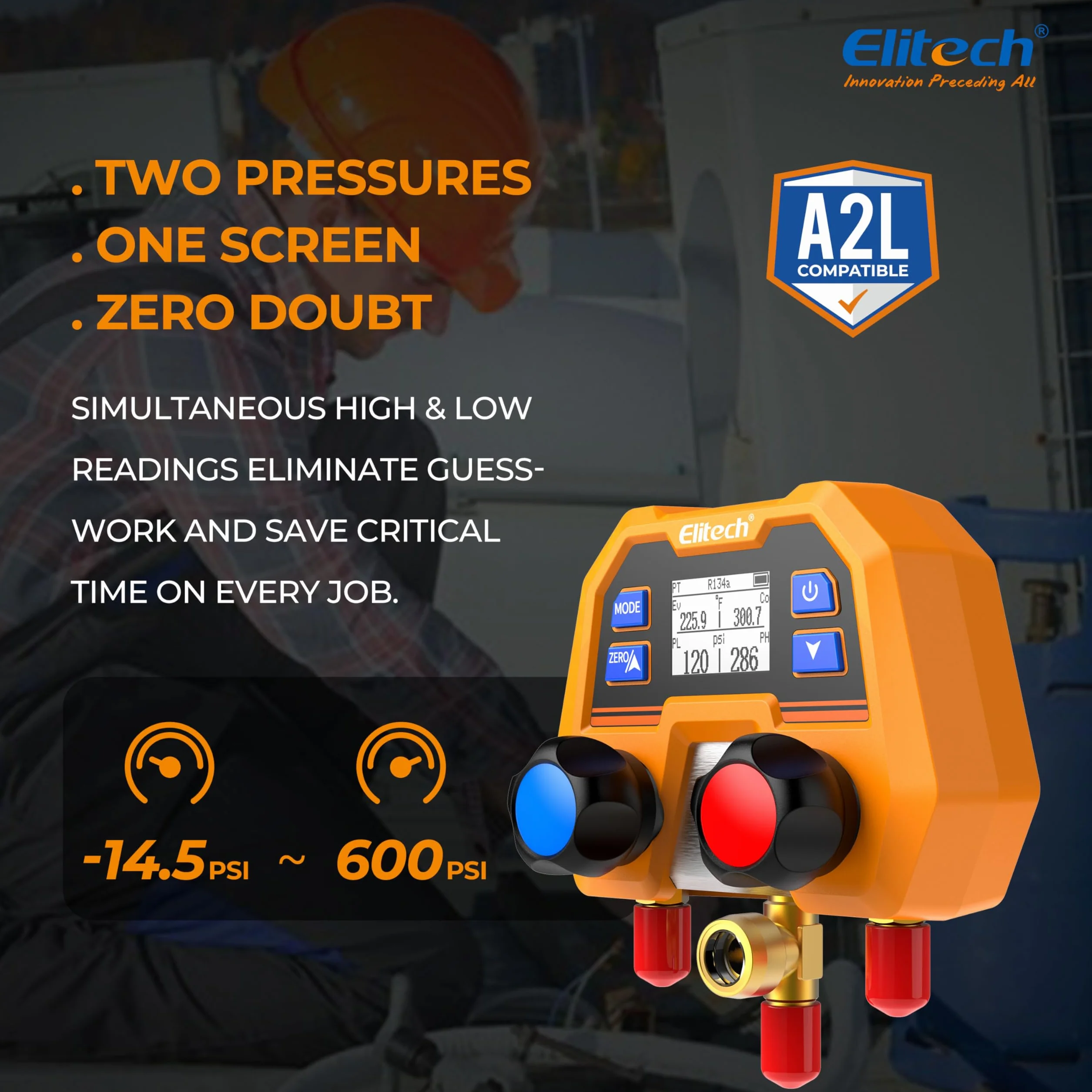 Elitech Manómetro Digital HVAC DMG-2SE Medición Presión Temperatura 3 Puertos Pantalla LCD R410A R454B R134