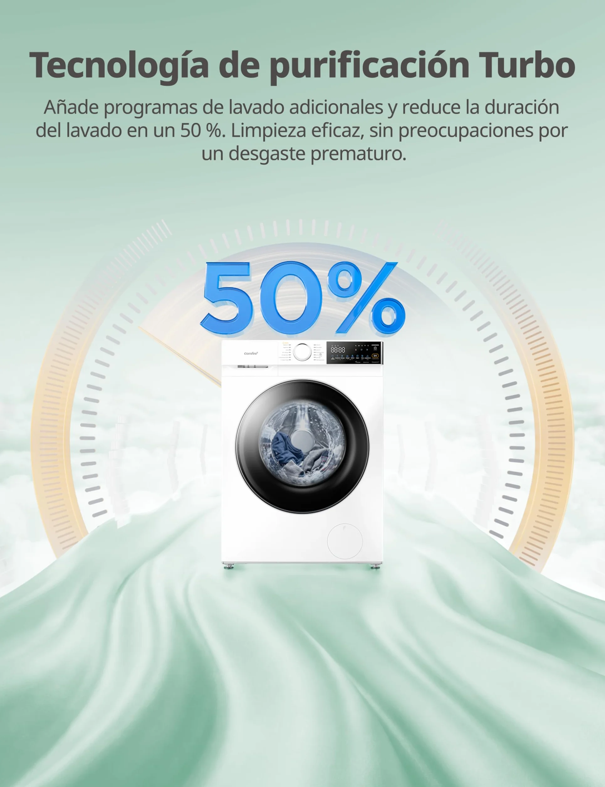 COMFEE' Lavadora 10kg 1400 RPM Clase A-30% 14 programas Control remoto