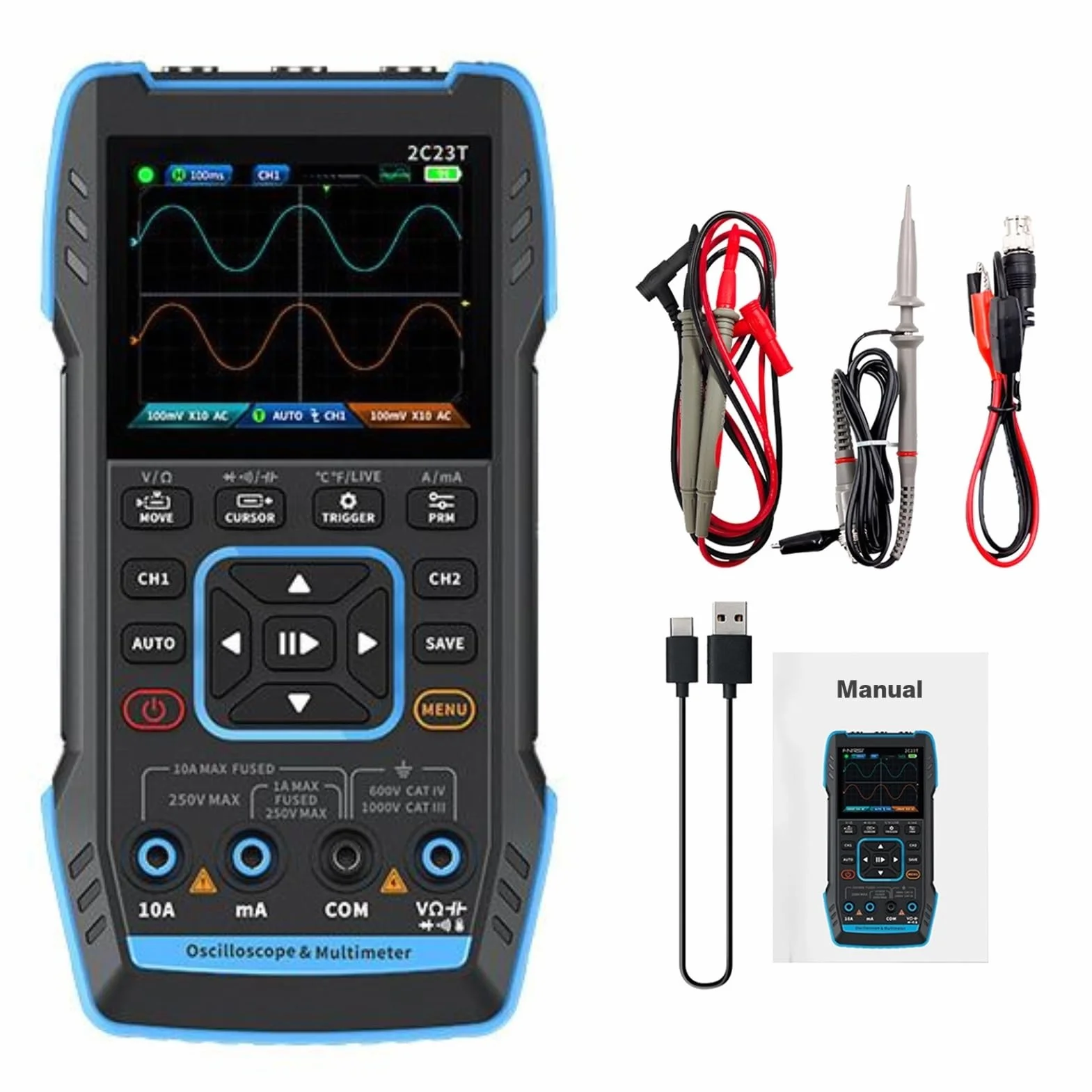 DEWIN Osciloscopio 2C23T,Osciloscopio Digital Osciloscopio Portatil/Multímetro/Generador de Señales dds 3 en 1,2 canales 10MHz Ancho de banda 50MSa/s Frecuencia de muestreo 9999 recuentos