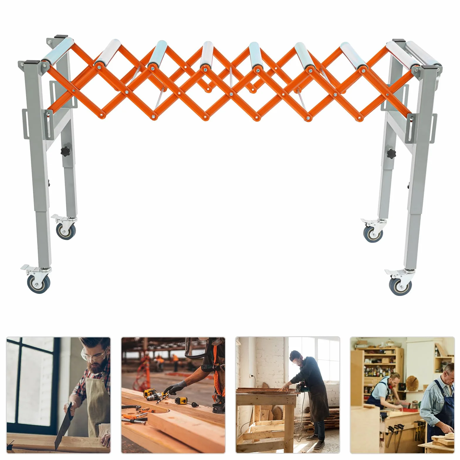 Rodillo transportador ajustable de tijeras, altura ajustable, rodillo transportador extensible de 46 a 130 cm, mesa de metal para transportadores ligeros, capacidad de carga de 50 kg
