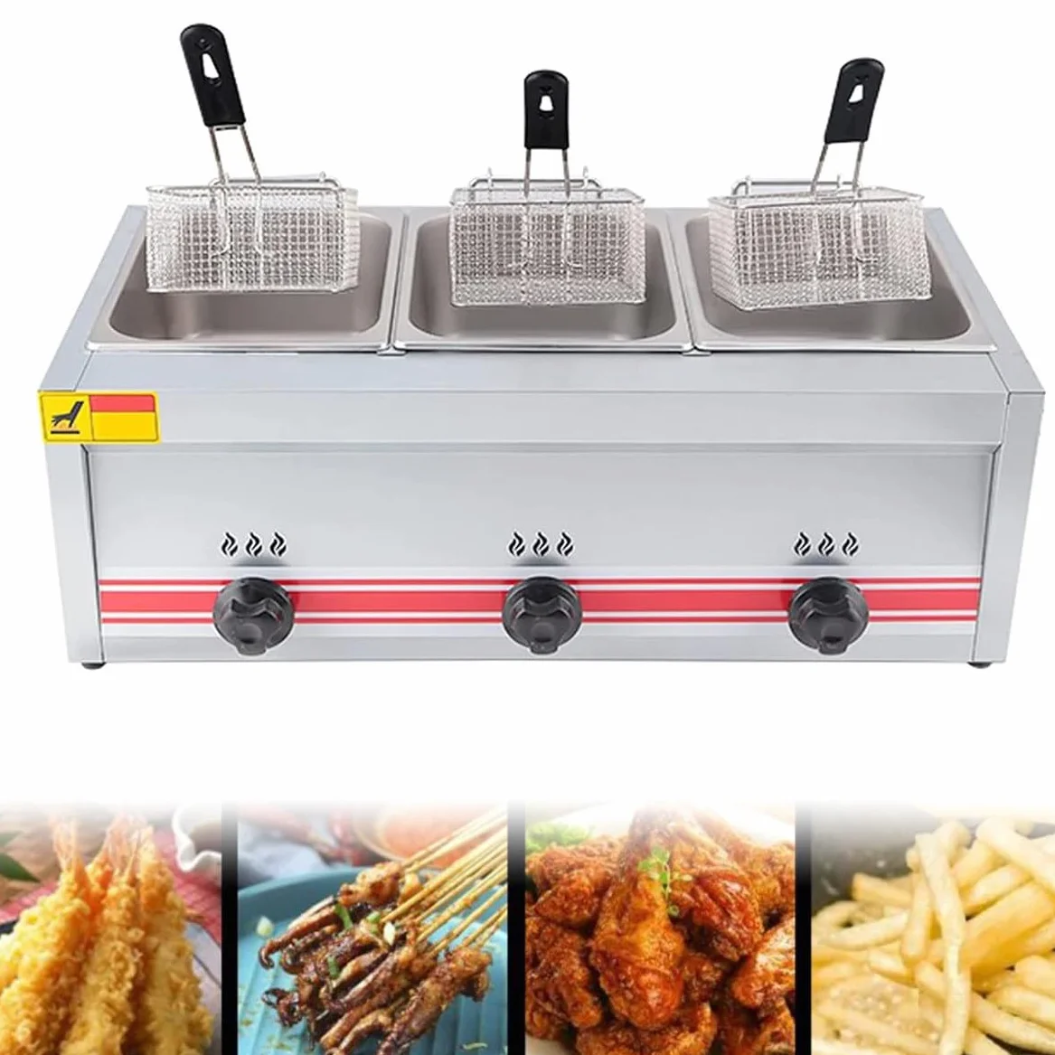 Freidora de Gas GLP Profesional, freidora Comercial de Acero Inoxidable con cestas y Tapas para freír, para cocinas comerciales, restaurantes y hogares, Triple Cilindro, 10 l + 10