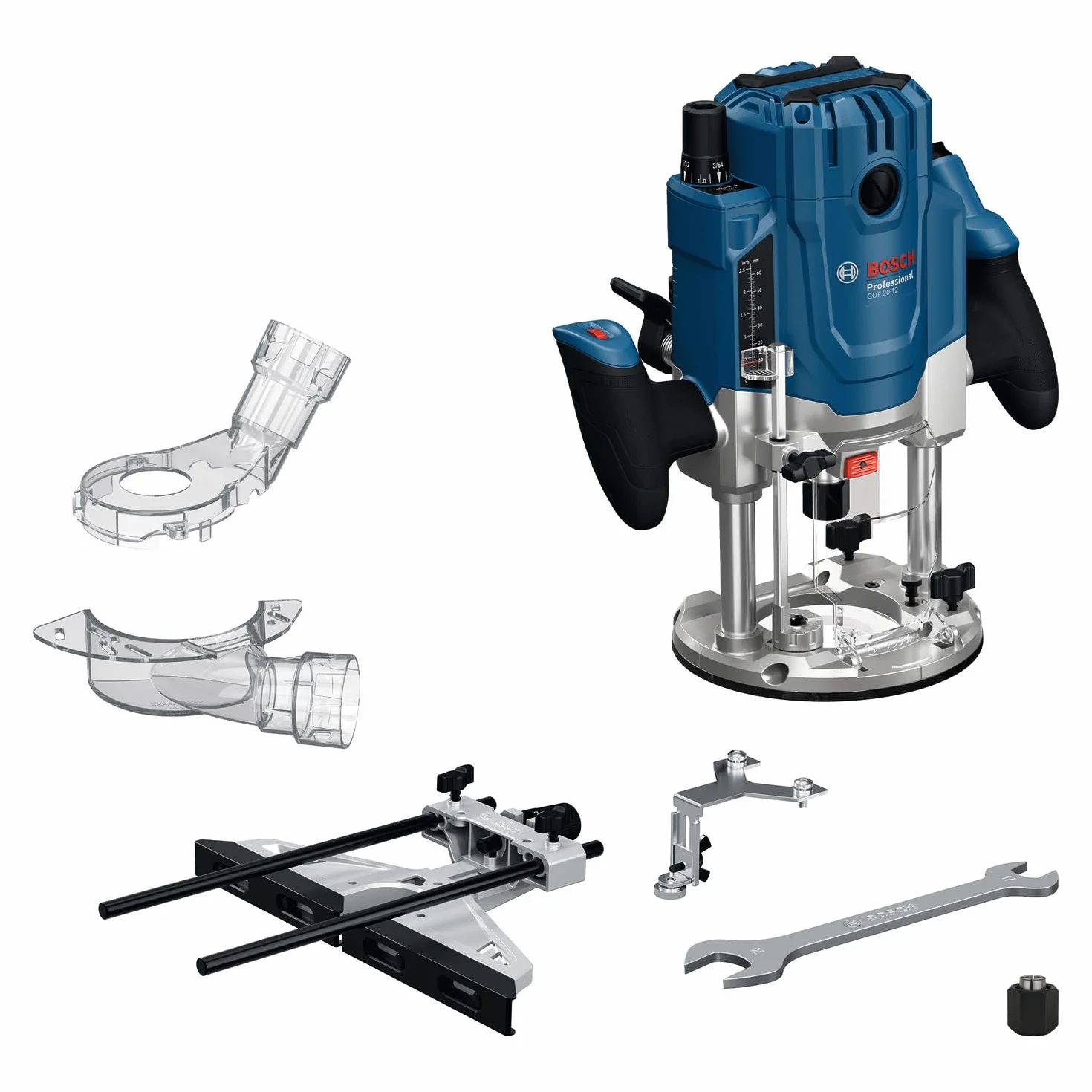 Bosch Professional Fresadora con cable GOF 20-12 (potencia absorbida de 2000 W, incl. aspiración de polvo, guía de rodillos y paralela, pasador de centrado, llave de vaso, set de pinzas)