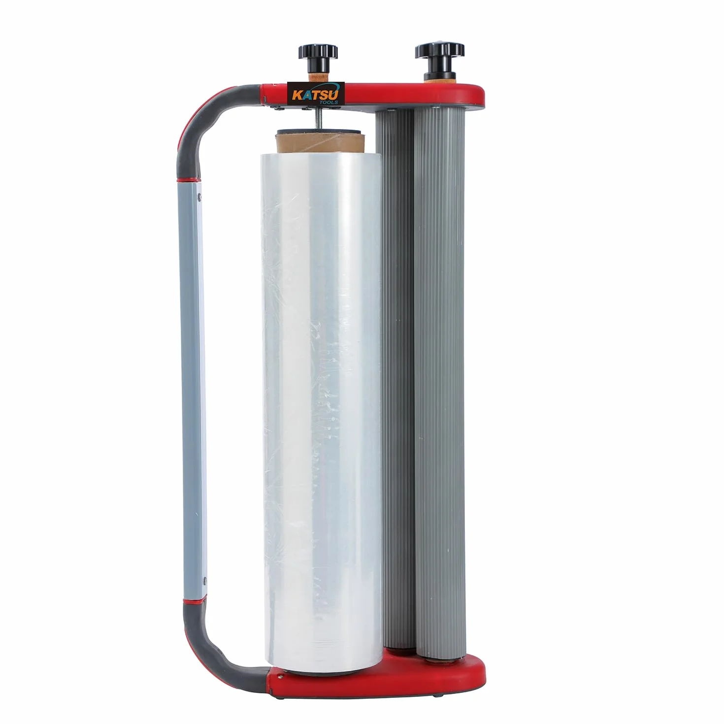KATSU Tools Herramienta dispensadora manual de película estirable, tensión ajustable, máquina de embalaje de palés de cartón, 1 rollo de película de 3 kg incluido