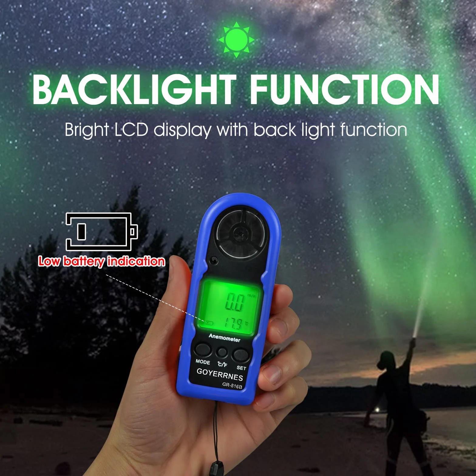 Anemómetro Digital GR-816B Portátil 0.3-30m/s Retroiluminación Velocidad del Viento Temperatura