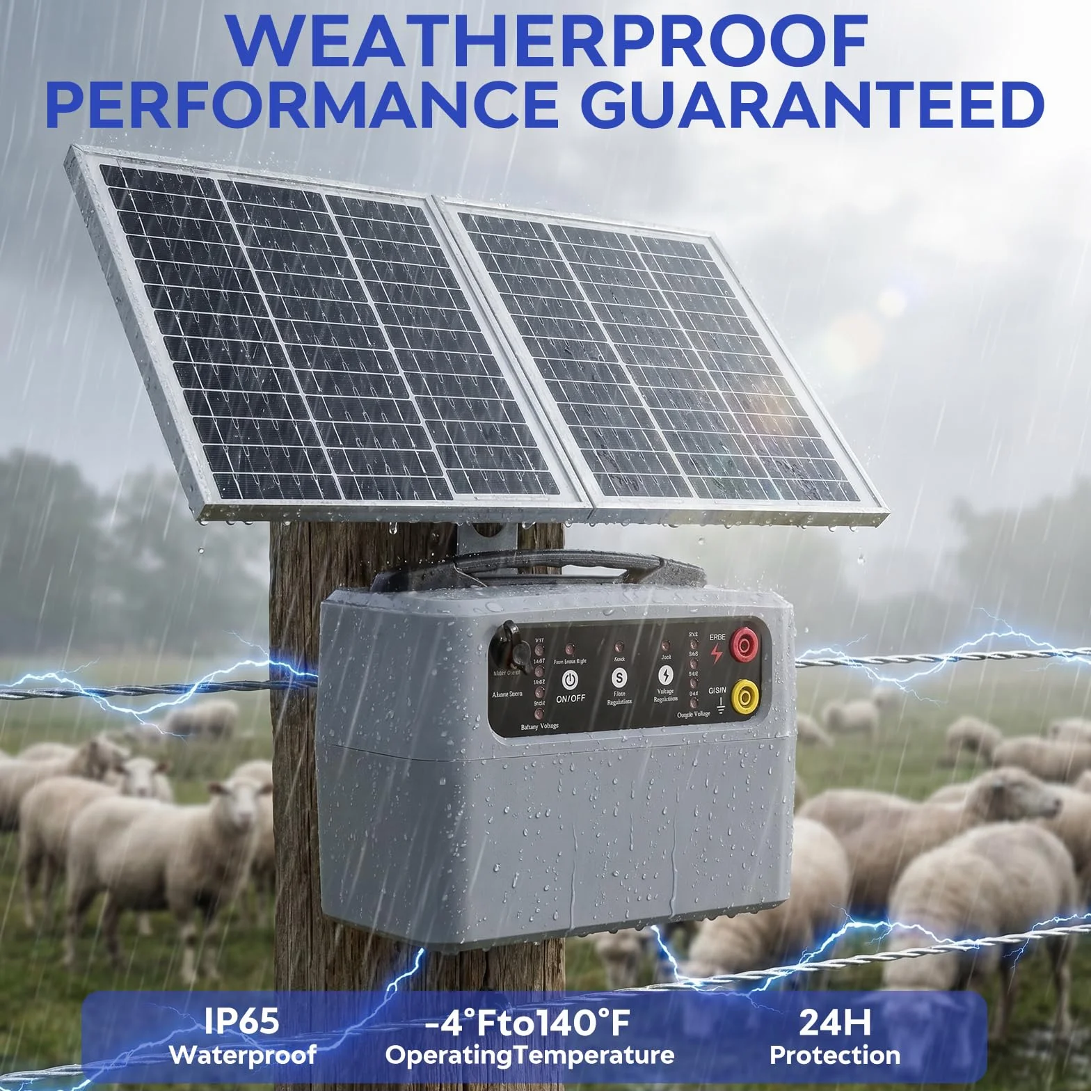 48 KM Pastor Electrico Solar, 0,3 J-1,5 J, 6 KV-12 KV Cerca Eléctrica Controlador con Panel Solar de 15 W, con Batería de Plomo-ácido Integrada de 12 V y 7 Ah, Apto para Ganado Ganado, Vacas(Gris)