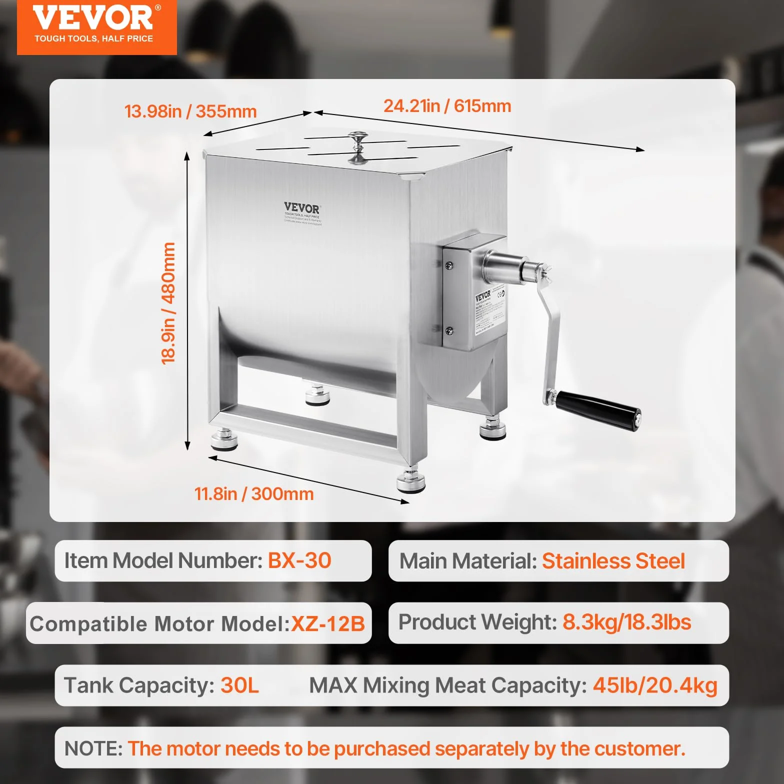 VEVOR Mezcladora de Carne Manual Tanque 30 L Equipo de Procesamiento de Carne Mezcla Máxima 20,4 kg Mezcladora de Salchichas de Acero Inoxidable Batidora de Carne con Tapa, Reductor de Engranajes