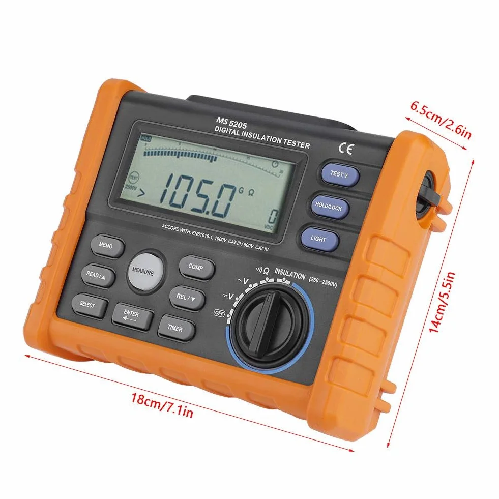Probador de resistencia de aislamiento, PEAKMETER PM5205 Cálculo automático Medidor de voltaje CA y CC Probador de resistencia de tierra automático Megóhmetro Pantalla analógica digital 0.01MΩ-100GΩ 2