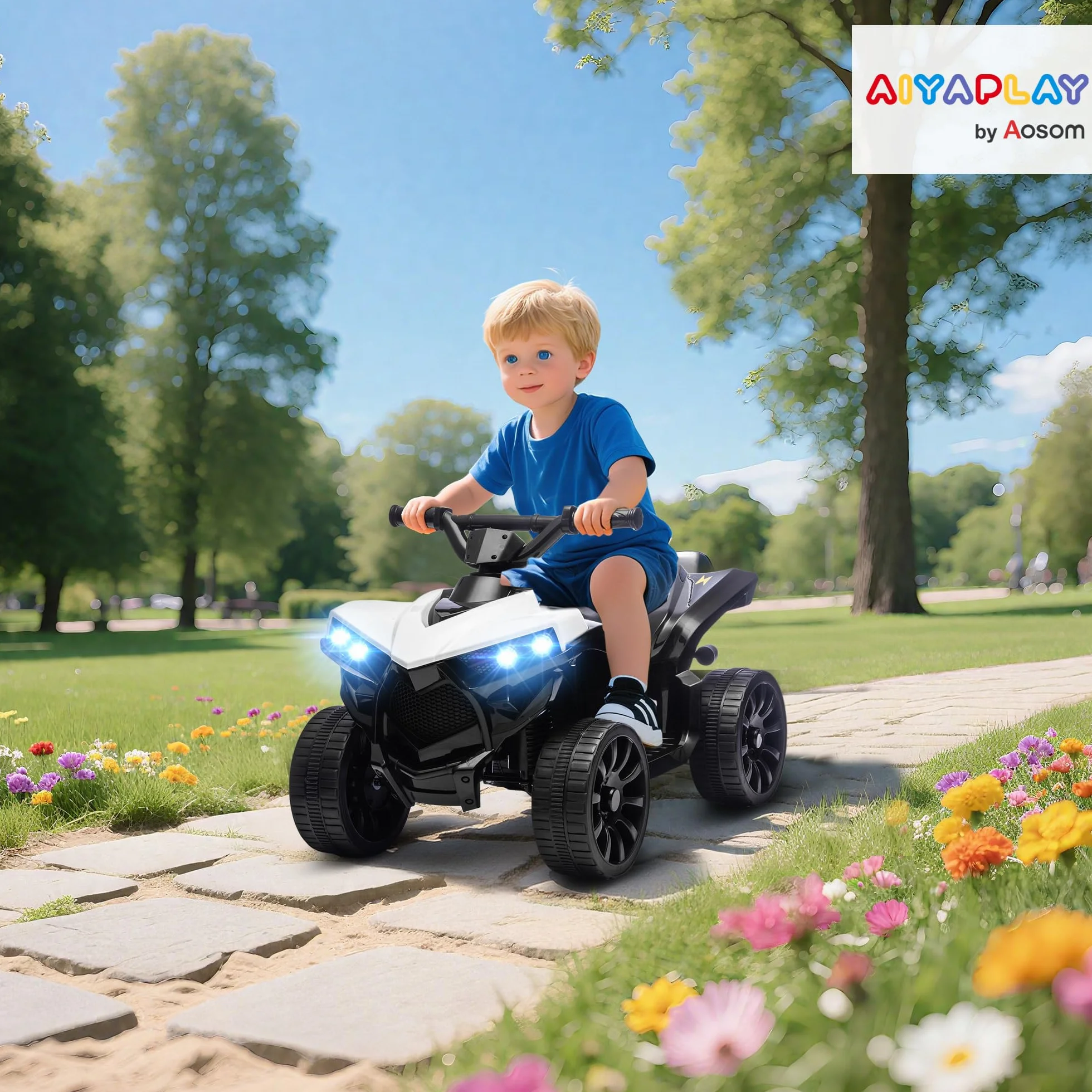 AIYAPLAY Quad Eléctrico para Niños 6V, Velocidad 3km/h, Faros y Música, Blanco