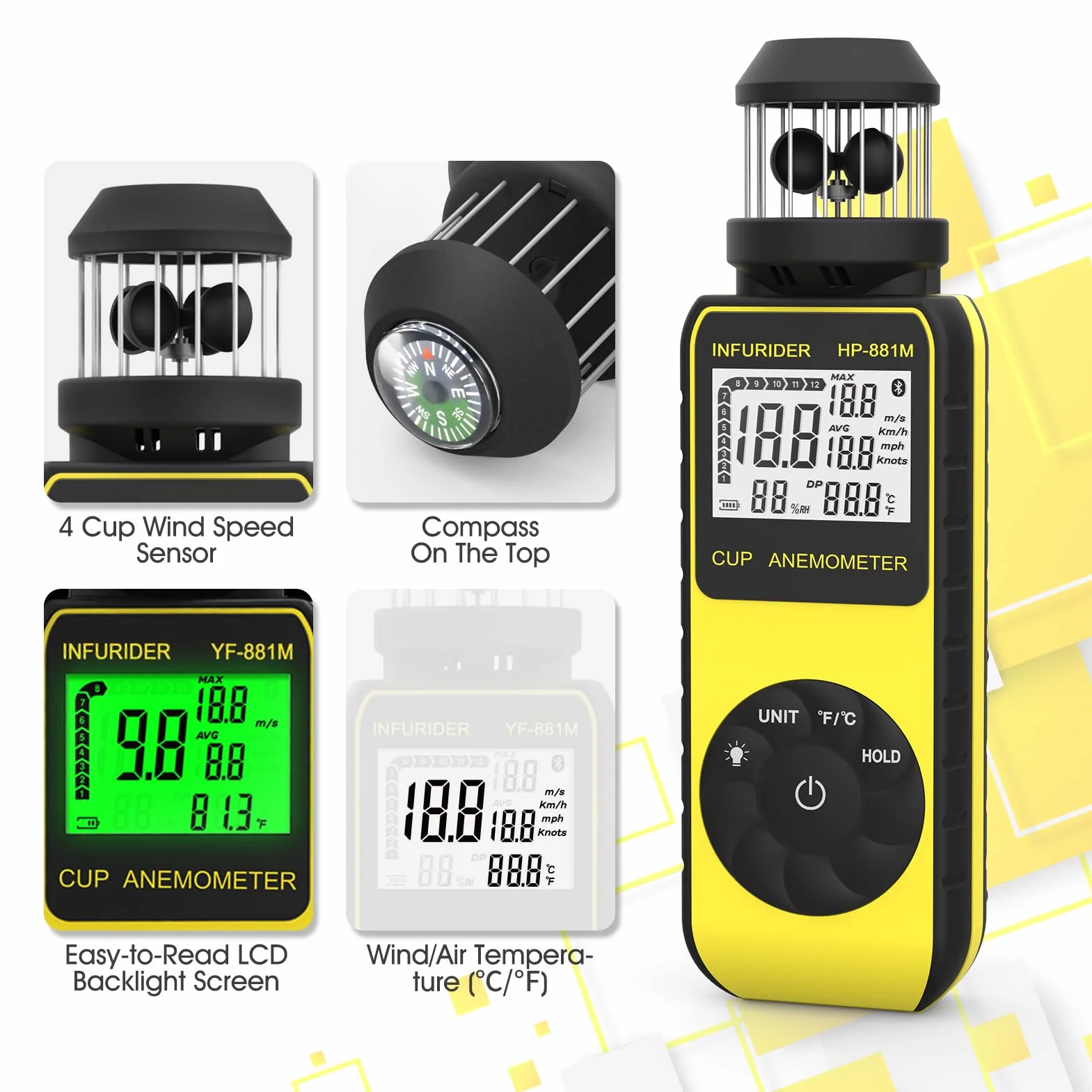 INFURIDER Anemómetro Portátil Digital Medidor de Viento con Brújula Velocidad Temperatura Aire Exterior