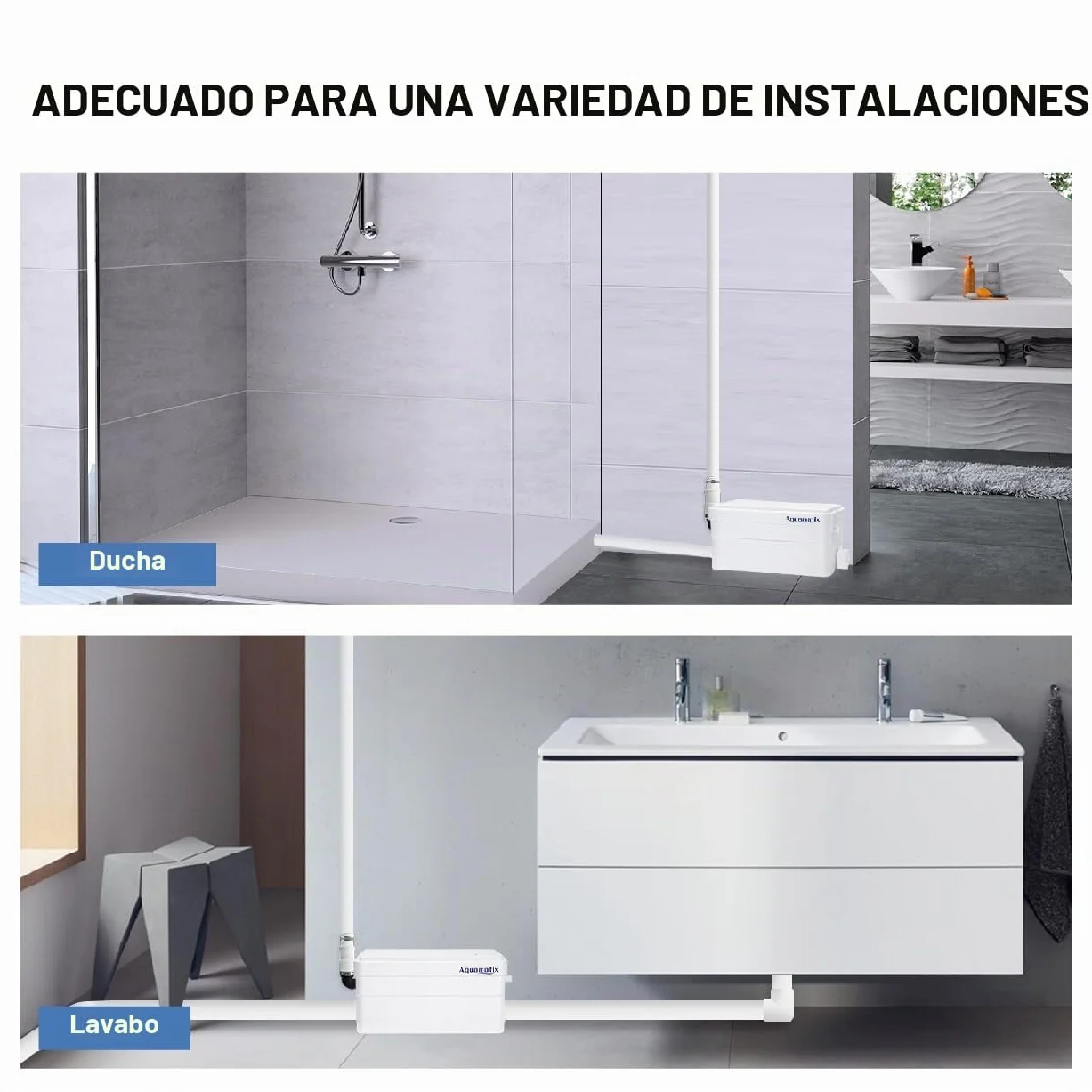 Aquamatix Duscha Bomba de ducha 250W Triturador Sanitario compacta 10m de distancia de bombeo vertical 135L/min para duchas, lavabos 2 entradas