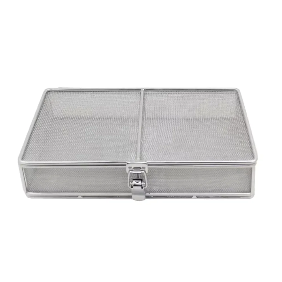Cesta de esterilización, bandeja de malla de acero inoxidable con tapa y cerradura para instrumentos médicos, ideal para uso hospitalario (40 cm x 25 cm x 7 cm, malla de 1 mm)