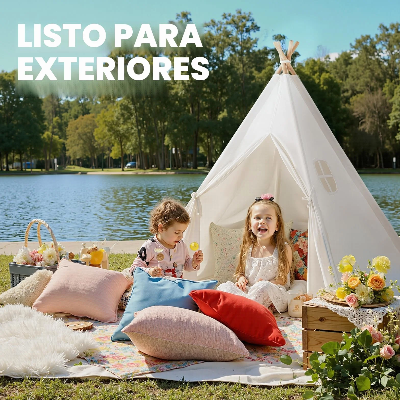 Tipi Infantil Algodón Tienda de Campaña Interior Madera Portátil Cabañas para Niños Blanco Roto