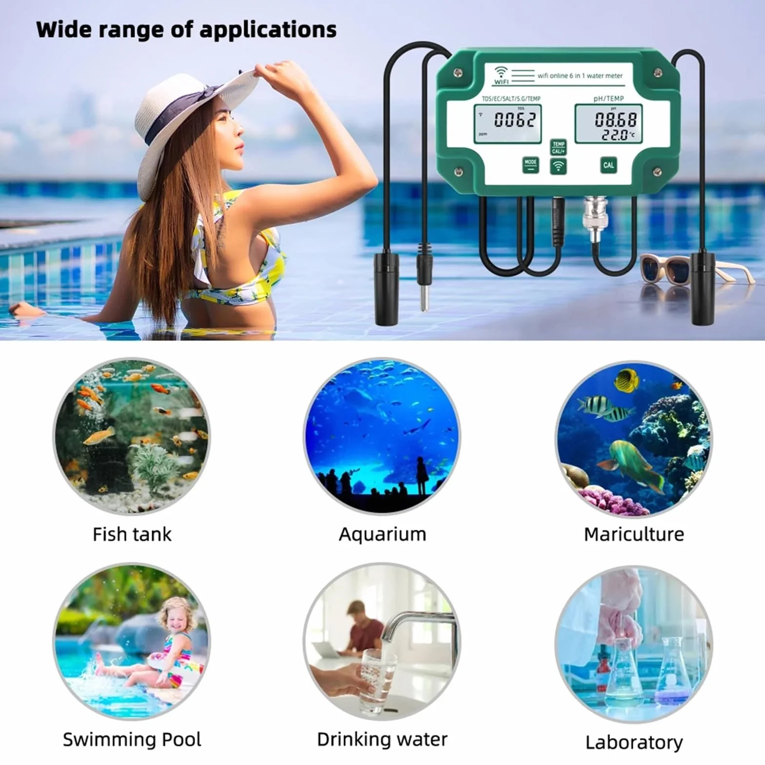Medidor digital WiFi de pH, EC, TDS, sal, SG y temperatura, comprobador de calidad del agua, monitor inteligente multifunción 6 en 1, control por aplicación.,Análisis confiable