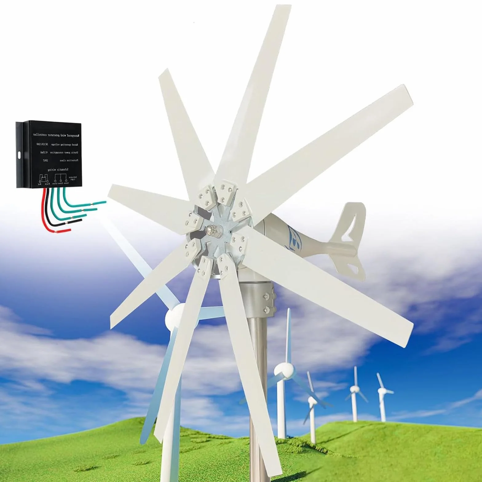 Turbina Eólica 10000W - Generador de Molino de Viento 8 Palas, Controlador MPPT 12V/24V/48V, Velocidad de Arranque 2m/s