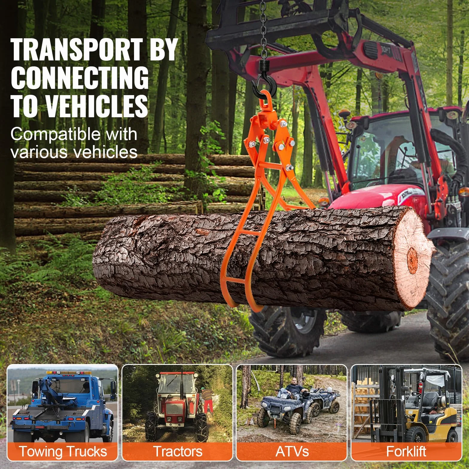 VEVOR Abrazadera Forestal para Troncos 914,4 mm Abrazadera de Elevación para Troncos de Madera Ganchos 4 Garras Giratorias Carga de 1500 kg Abrazadera de Acero para Tractores ATV Camiones Carretillas
