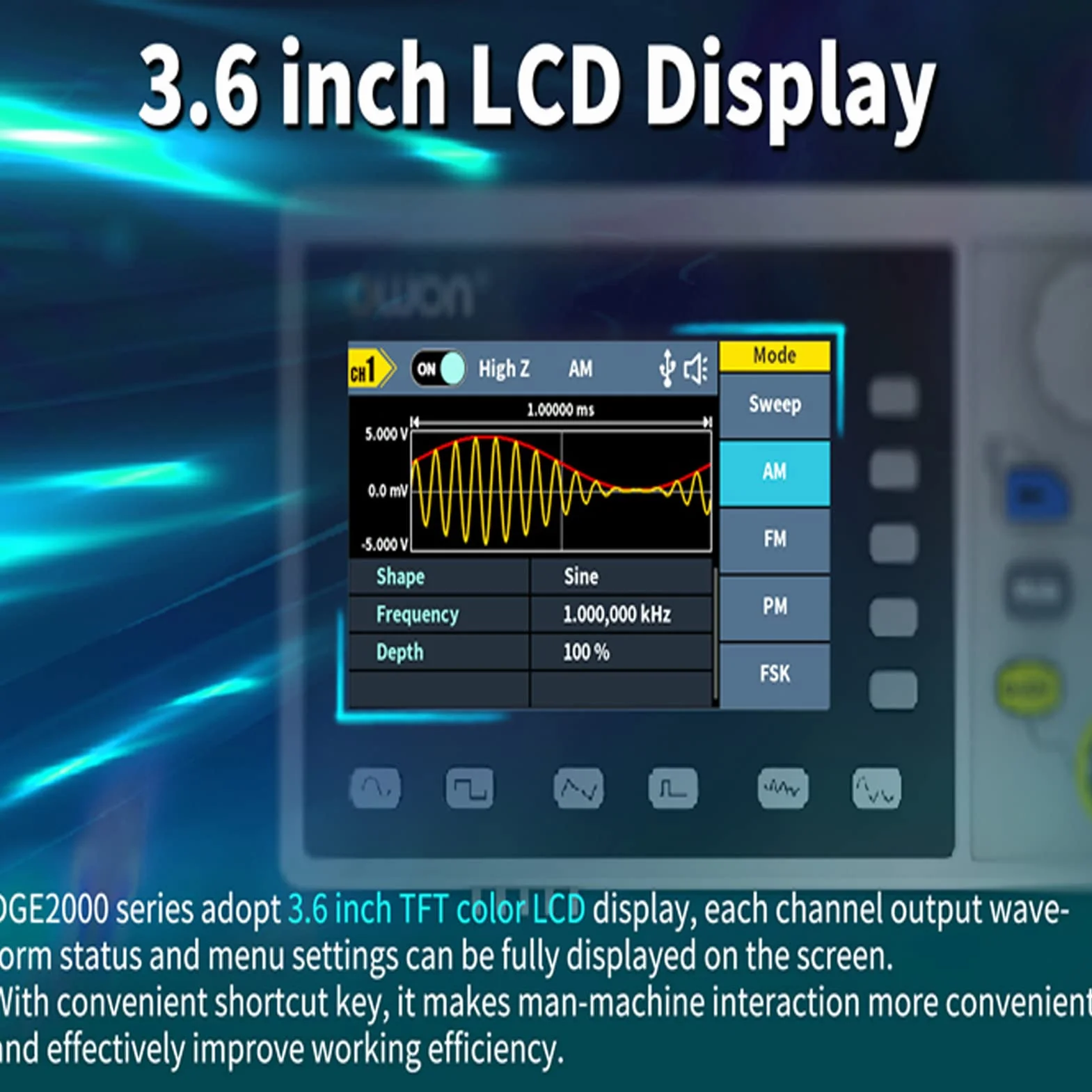 OWON DGE2070 Arbitrary Waveform Generador AWG 14bit resolución vertical 2CH 70MHz 300MSa/s 3,6 pulgadas LCD Digital Señal Generador